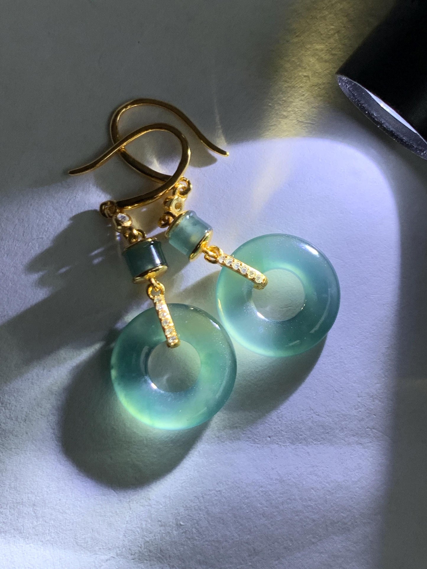 Natural Grade A Guatemalan Icy Highly Translucent Teal Blue Jade Jadeite Ping An Kou Donut Earrings Sterling Silver 天然冰危深蓝绿翡翠平安扣耳钩 PAD220B