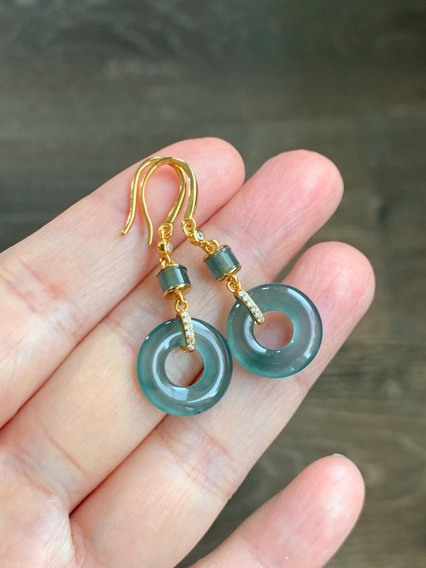 Natural Grade A Guatemalan Icy Highly Translucent Teal Blue Jade Jadeite Ping An Kou Donut Earrings Sterling Silver 天然冰危深蓝绿翡翠平安扣耳钩 PAD220B