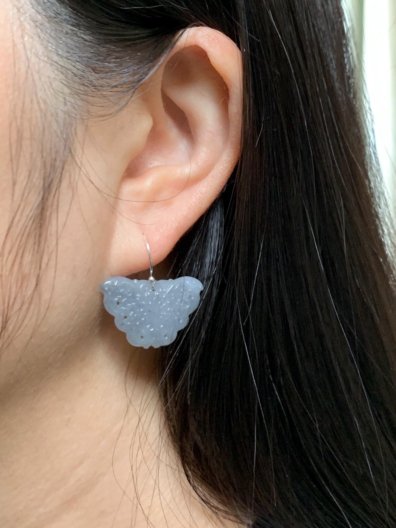 Natural Grade A Icy Translucent Light Gray Wuji Jade Jadeite Butterfly Dangle Earrings Openwork Engraved Sterling Silver 天然冰乌鸡翡翠仿古雕蝴蝶银耳钩 WJD