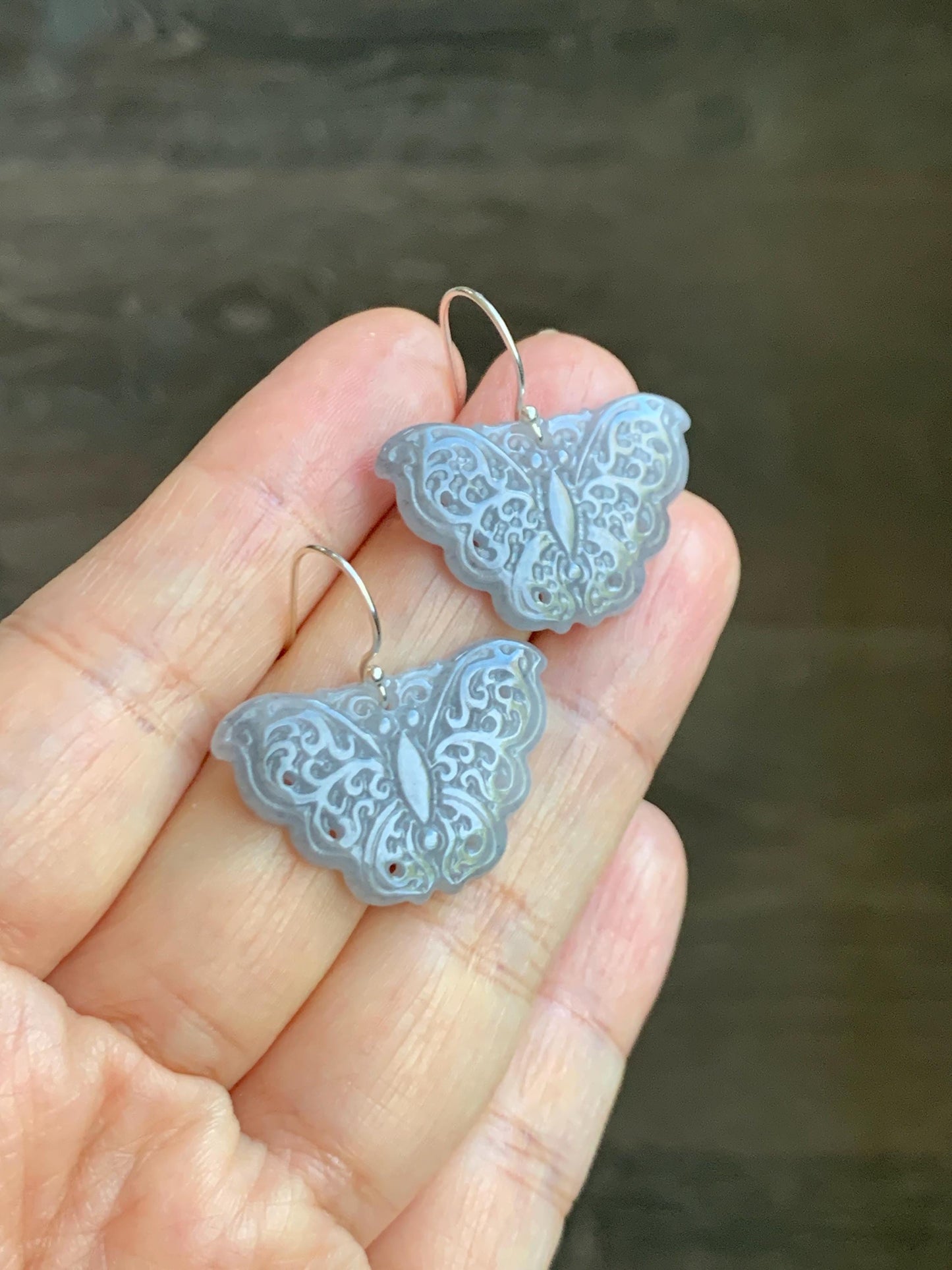Natural Grade A Icy Translucent Light Gray Wuji Jade Jadeite Butterfly Dangle Earrings Openwork Engraved Sterling Silver 天然冰乌鸡翡翠仿古雕蝴蝶银耳钩 WJD