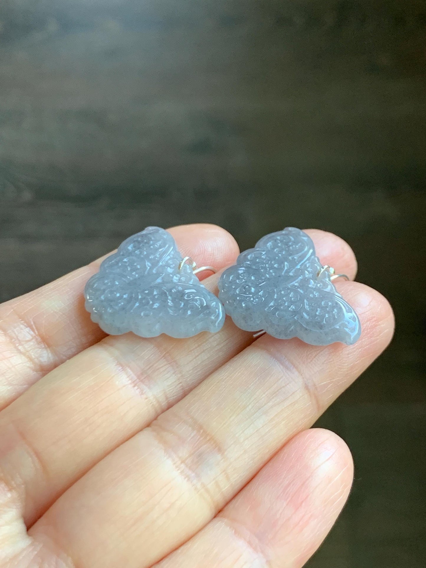Natural Grade A Icy Translucent Light Gray Wuji Jade Jadeite Butterfly Dangle Earrings Openwork Engraved Sterling Silver 天然冰乌鸡翡翠仿古雕蝴蝶银耳钩 WJD