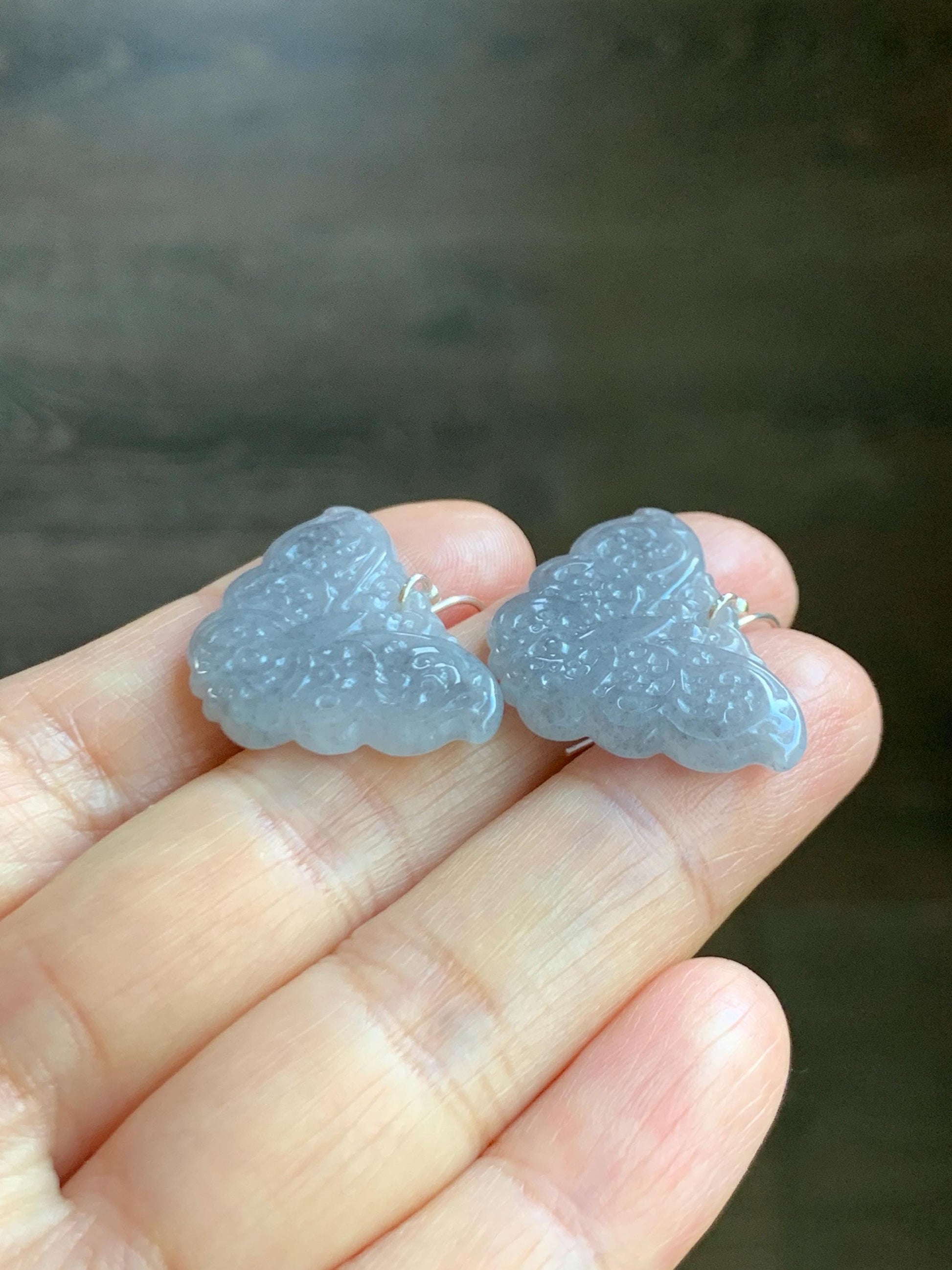 Natural Grade A Icy Translucent Light Gray Wuji Jade Jadeite Butterfly Dangle Earrings Openwork Engraved Sterling Silver 天然冰乌鸡翡翠仿古雕蝴蝶银耳钩 WJD