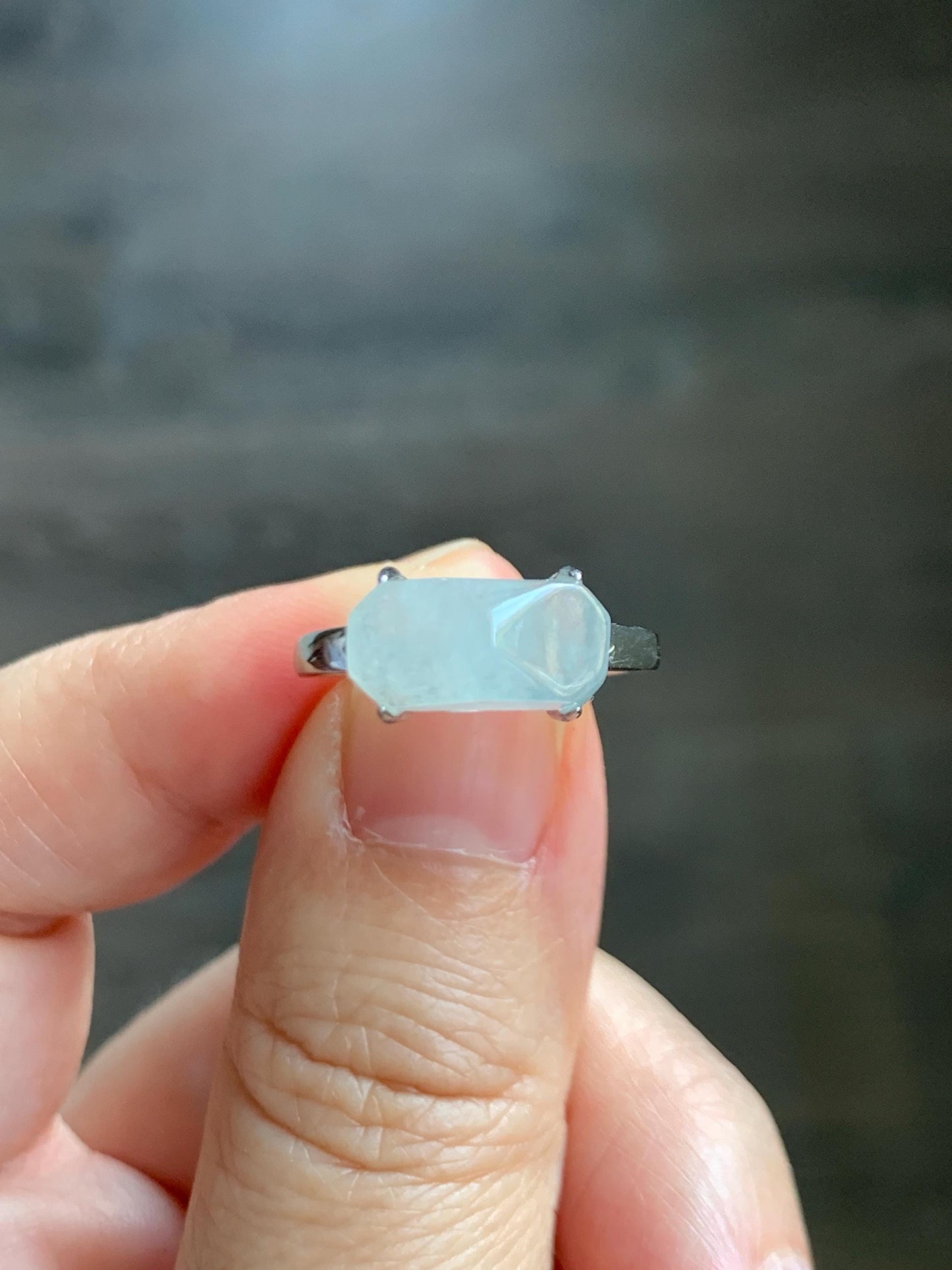 Natural Grade A Icy Translucent Gelatinous White Faceted Jade Jadeite Ring Sterling Silver Size 7 Adjustable 天然冰胶翡翠切割马鞍蛋面银镶戒指 QGA240