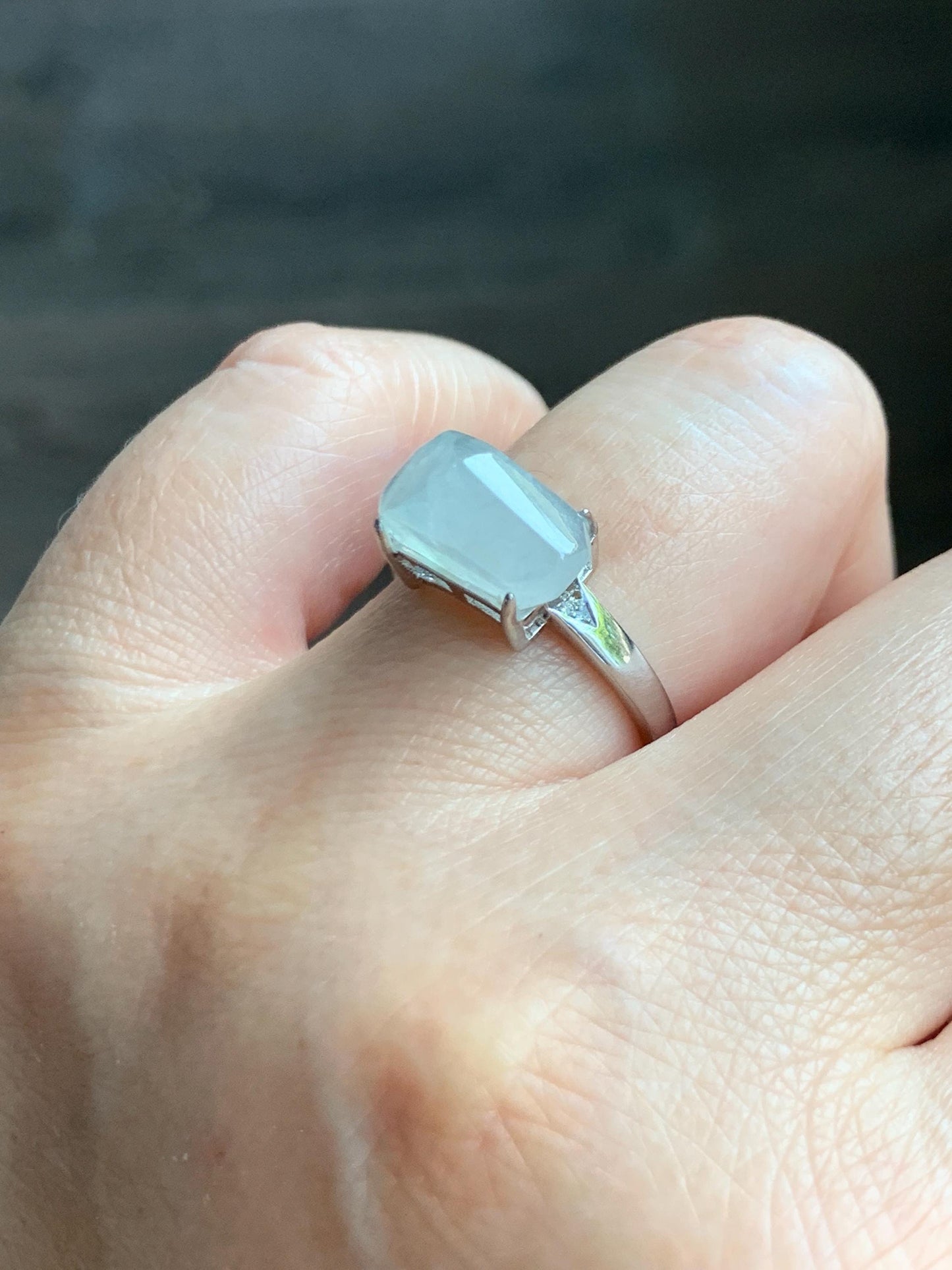 Natural Grade A Icy Translucent Gelatinous White Faceted Jade Jadeite Ring Sterling Silver Size 7 Adjustable 天然冰胶翡翠切割马鞍蛋面银镶戒指 QGA240