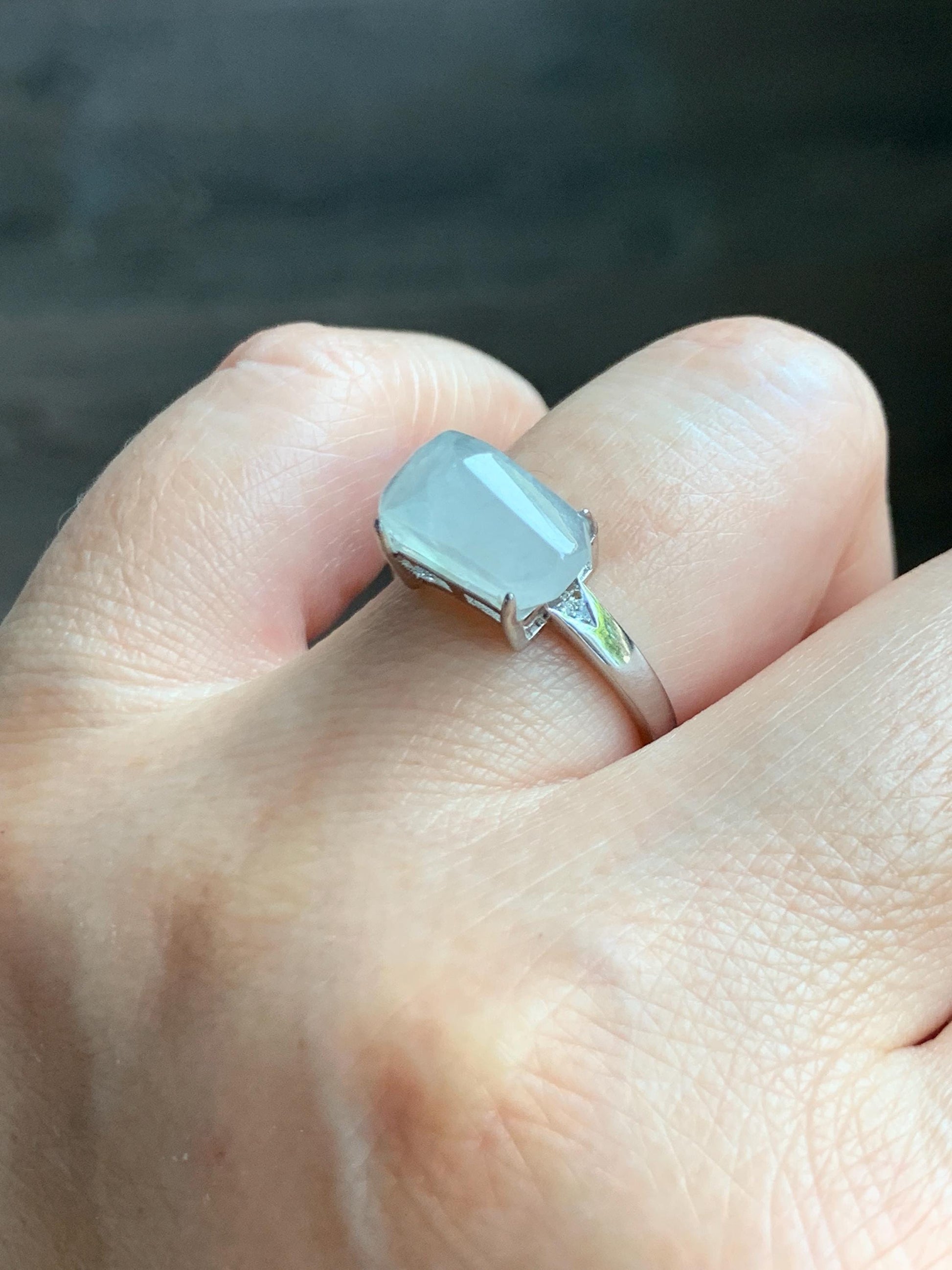 Natural Grade A Icy Translucent Gelatinous White Faceted Jade Jadeite Ring Sterling Silver Size 7 Adjustable 天然冰胶翡翠切割马鞍蛋面银镶戒指 QGA240