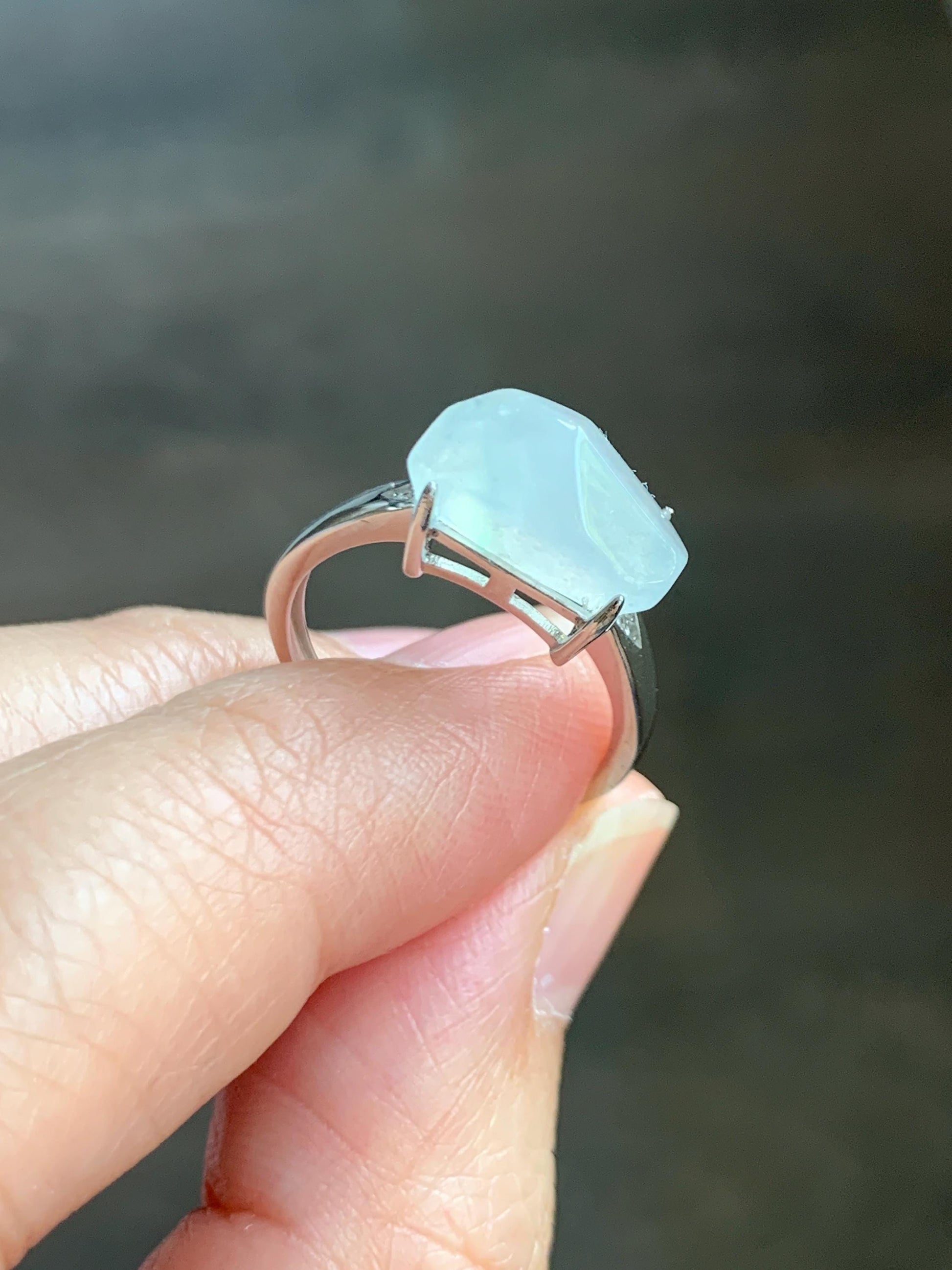 Natural Grade A Icy Translucent Gelatinous White Faceted Jade Jadeite Ring Sterling Silver Size 7 Adjustable 天然冰胶翡翠切割马鞍蛋面银镶戒指 QGA240