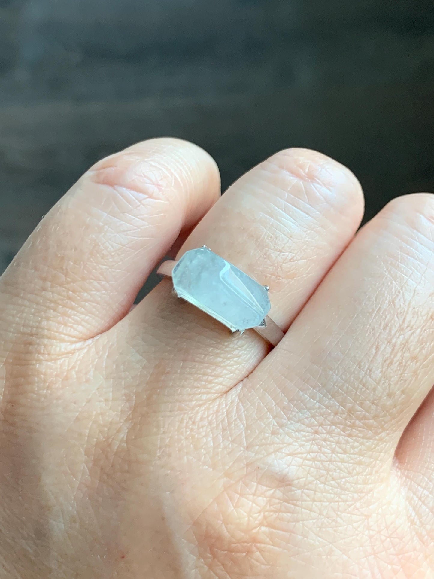 Natural Grade A Icy Translucent Gelatinous White Faceted Jade Jadeite Ring Sterling Silver Size 7 Adjustable 天然冰胶翡翠切割马鞍蛋面银镶戒指 QGA240