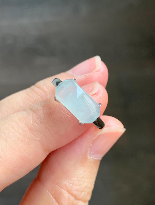 Natural Grade A Icy Translucent Gelatinous White Faceted Jade Jadeite Ring Sterling Silver Size 7 Adjustable 天然冰胶翡翠切割马鞍蛋面银镶戒指 QGA240