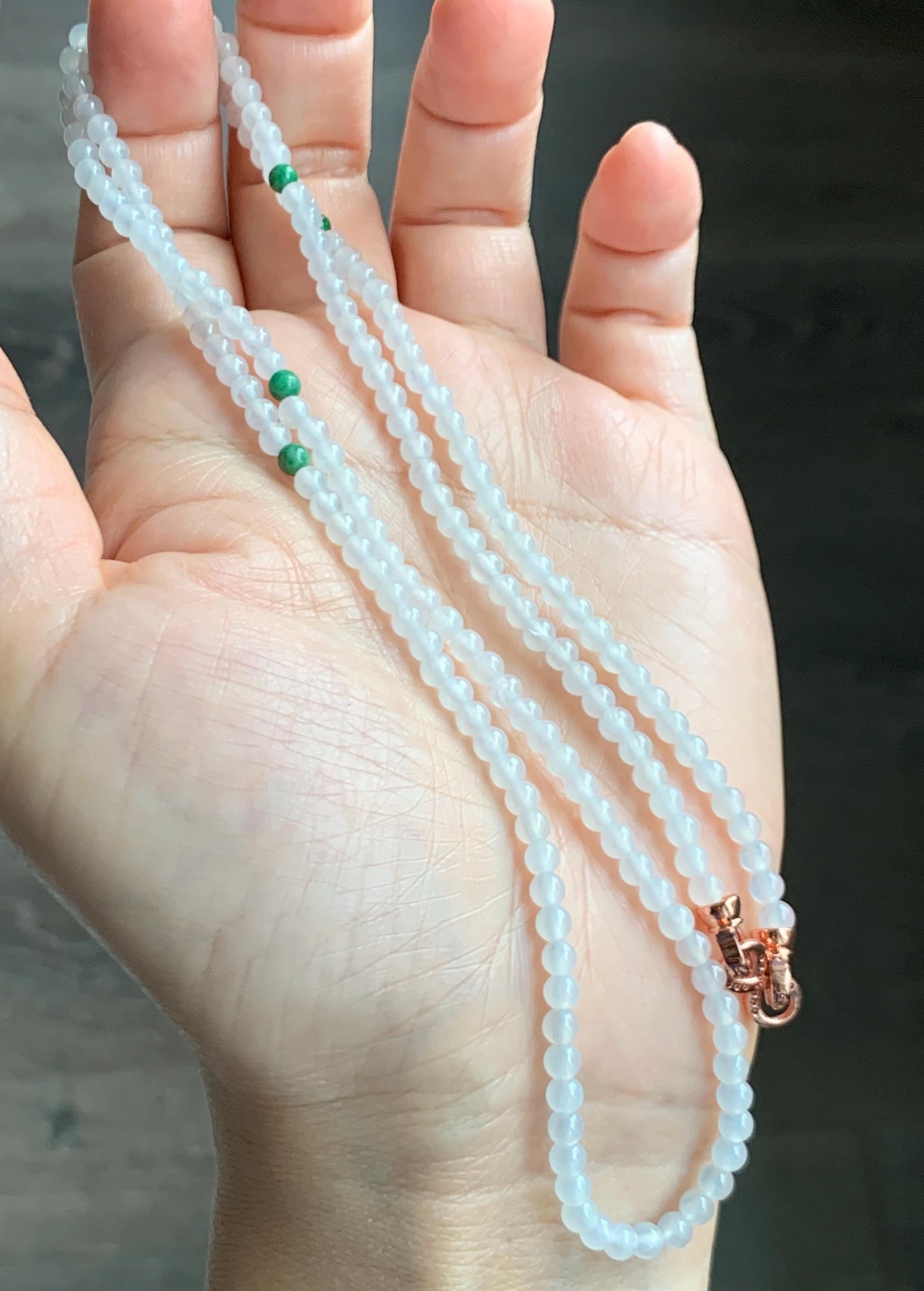 Certified Grade A Natural Icy Highly Translucent White & Green Jade Jadeite Round Beads Beaded Necklace 3.7mm 25” 15.5g 天然高冰起光翡翠圆珠长串项链 736