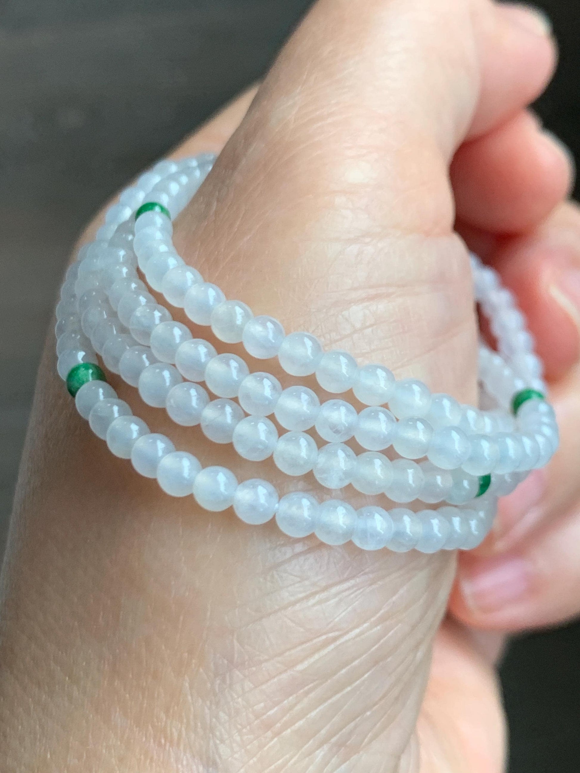 Certified Grade A Natural Icy Highly Translucent White & Green Jade Jadeite Round Beads Beaded Necklace 3.7mm 25” 15.5g 天然高冰起光翡翠圆珠长串项链 736