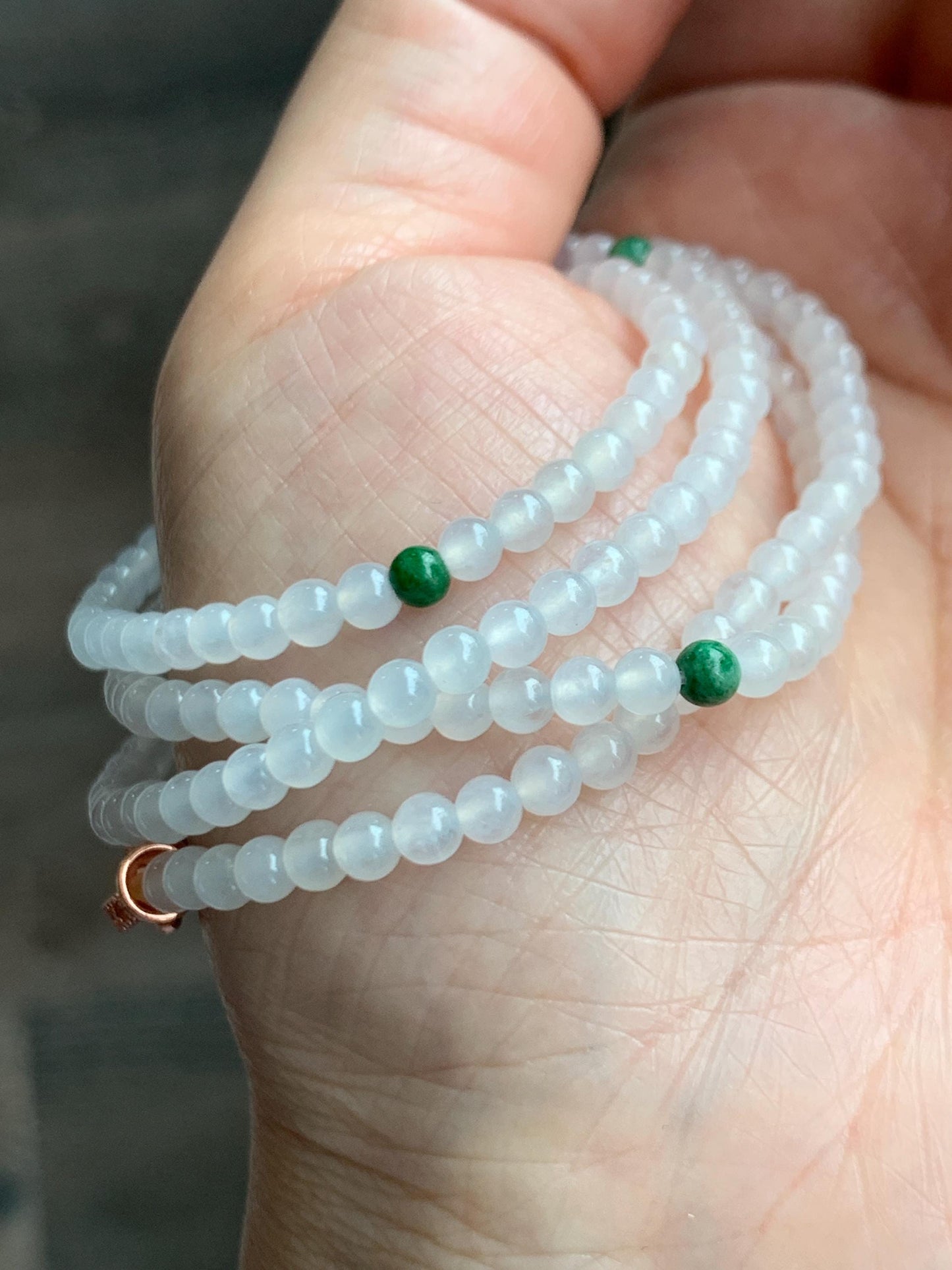 Certified Grade A Natural Icy Highly Translucent White & Green Jade Jadeite Round Beads Beaded Necklace 3.7mm 25” 15.5g 天然高冰起光翡翠圆珠长串项链 736