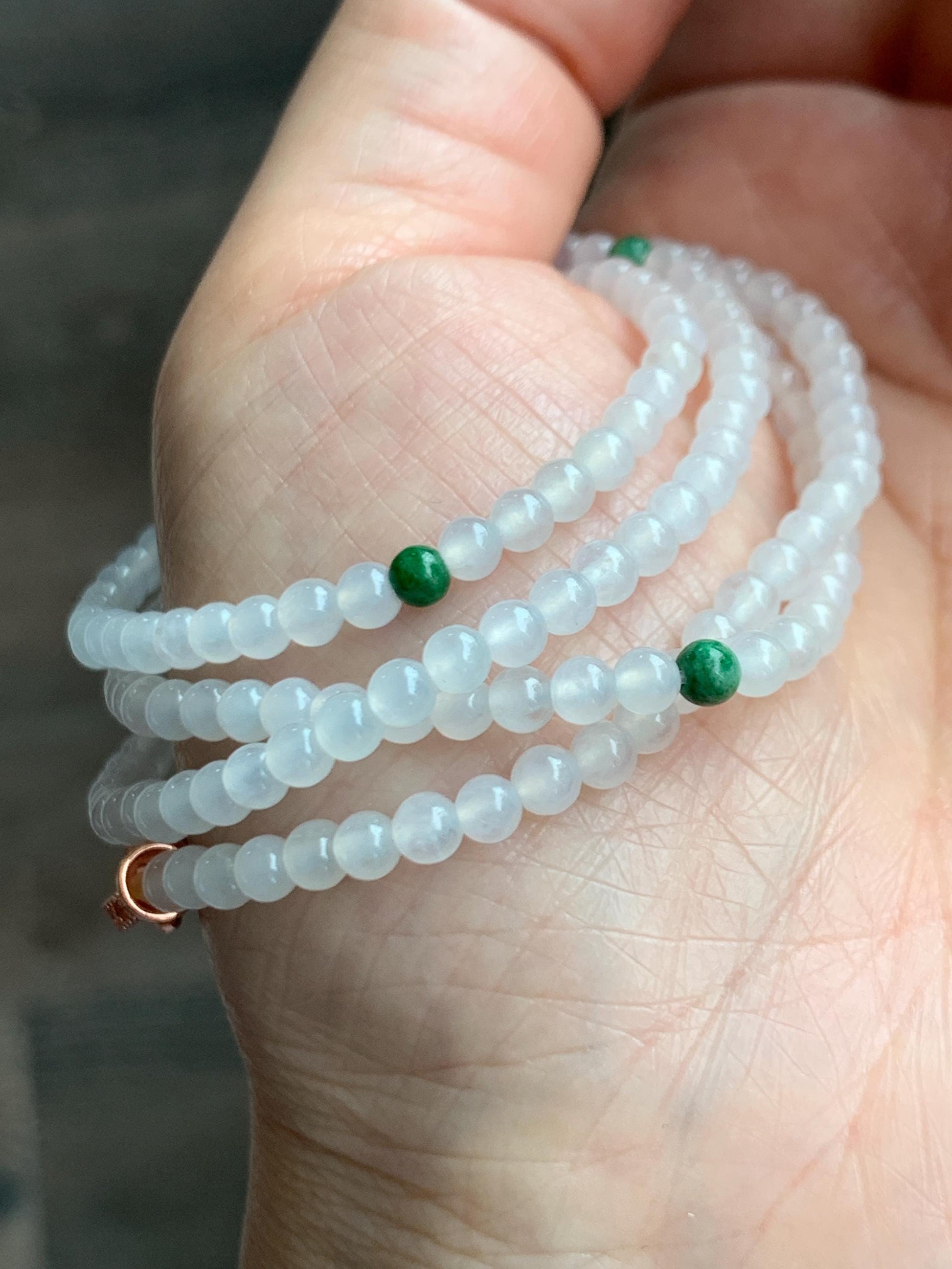 Certified Grade A Natural Icy Highly Translucent White & Green Jade Jadeite Round Beads Beaded Necklace 3.7mm 25” 15.5g 天然高冰起光翡翠圆珠长串项链 736