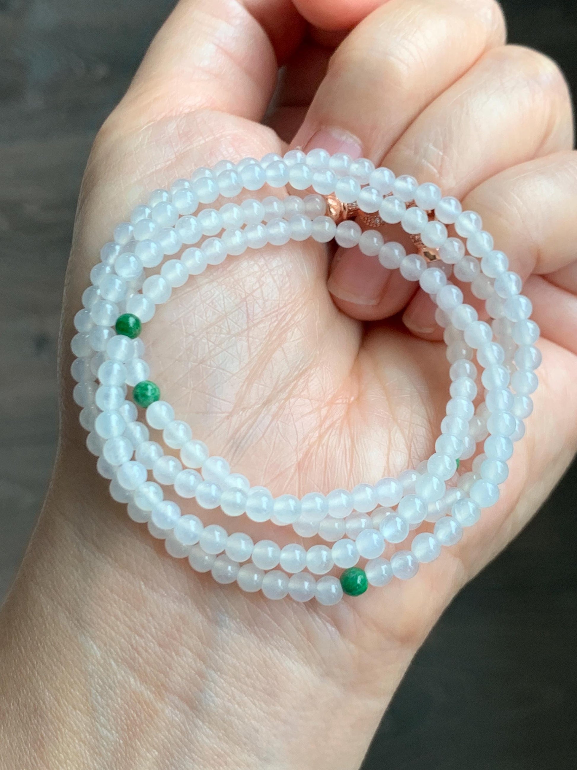 Certified Grade A Natural Icy Highly Translucent White & Green Jade Jadeite Round Beads Beaded Necklace 3.7mm 25” 15.5g 天然高冰起光翡翠圆珠长串项链 736