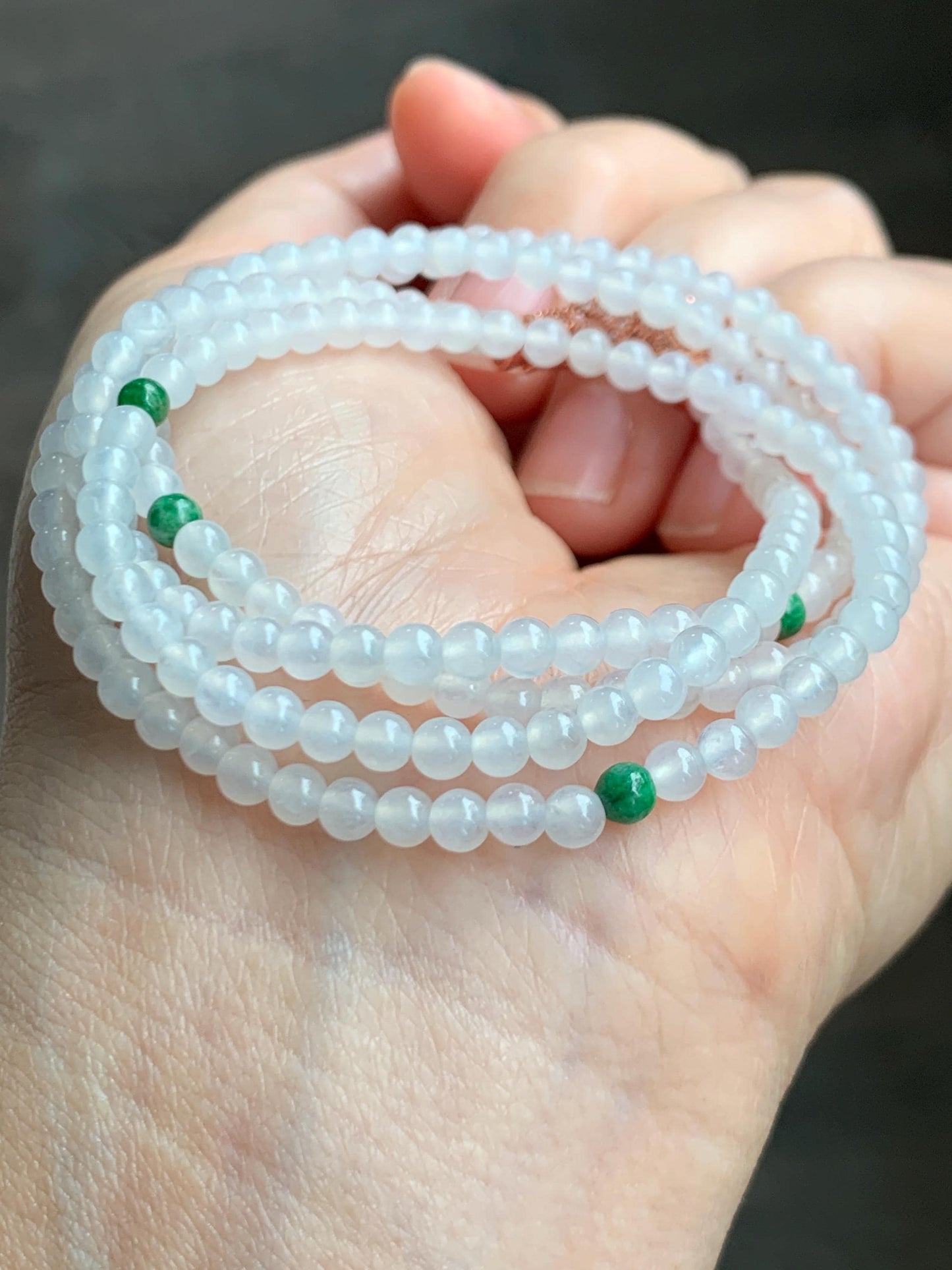 Certified Grade A Natural Icy Highly Translucent White & Green Jade Jadeite Round Beads Beaded Necklace 3.7mm 25” 15.5g 天然高冰起光翡翠圆珠长串项链 736