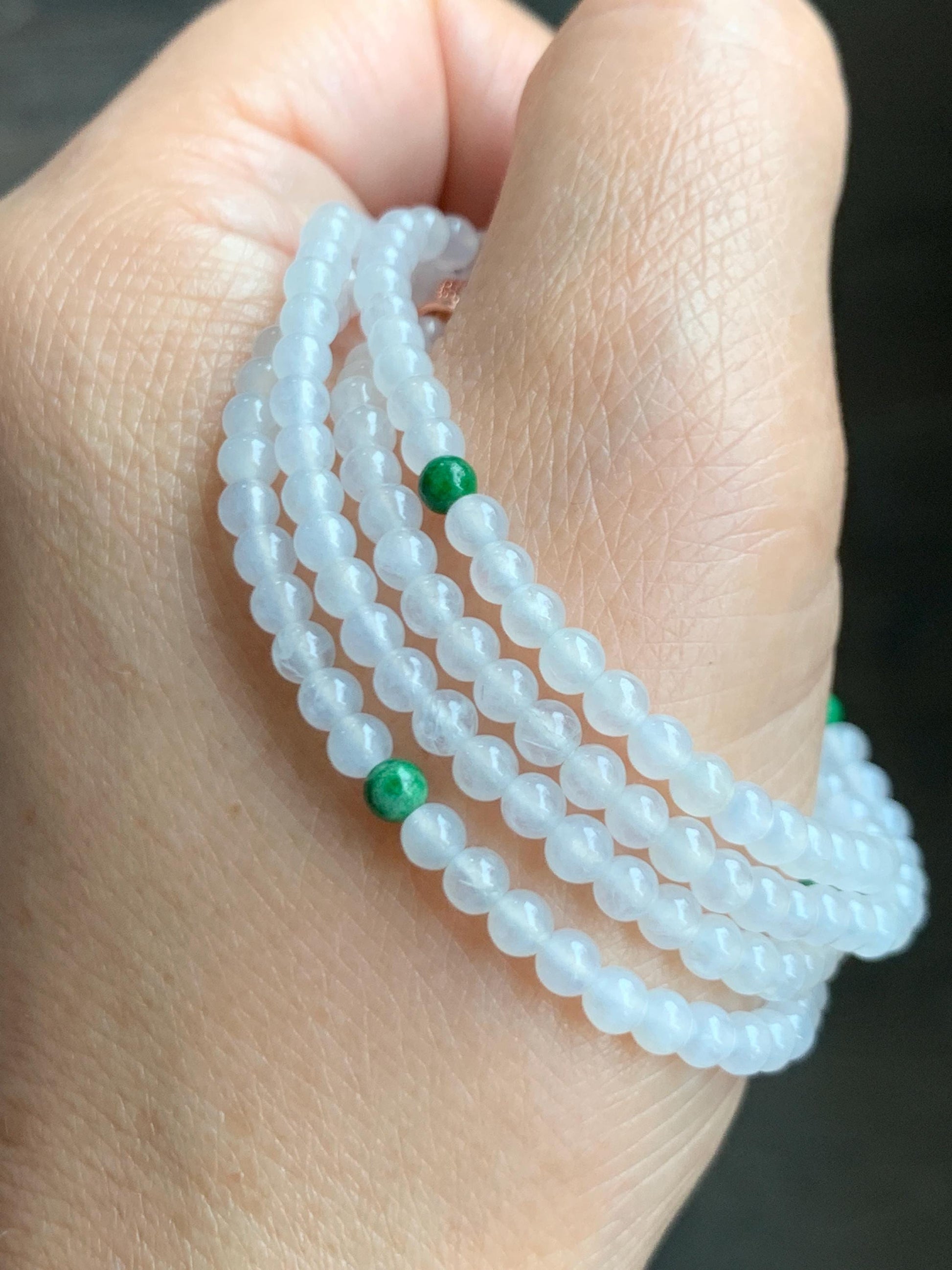 Certified Grade A Natural Icy Highly Translucent White & Green Jade Jadeite Round Beads Beaded Necklace 3.7mm 25” 15.5g 天然高冰起光翡翠圆珠长串项链 736