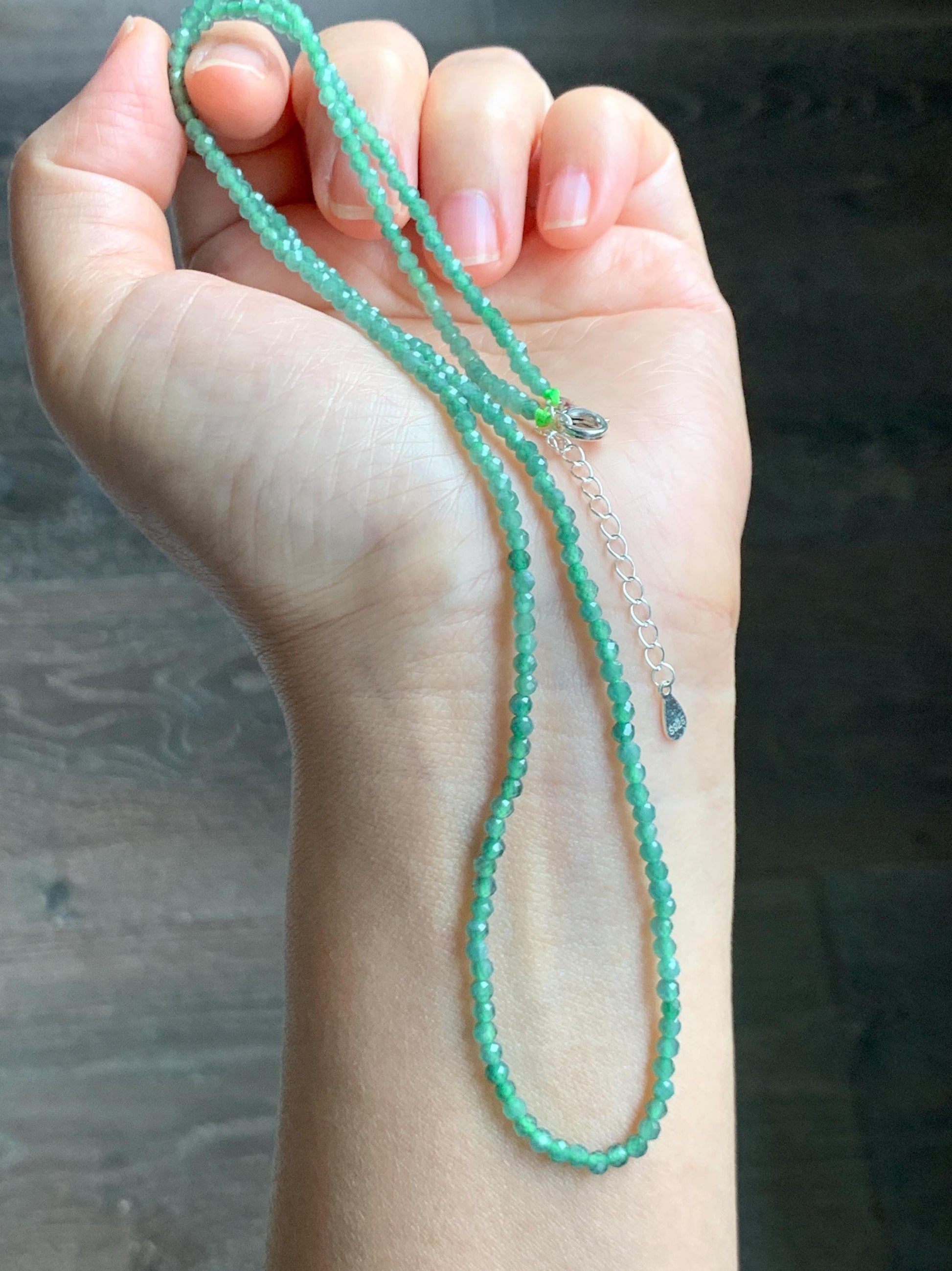 Natural Grade A Guatemalan Icy Translucent Light Teal Faceted Jadeite Beads Beaded Necklace Sterling Silver 2.8mm 22” 天然冰危淡蓝翡翠切割珠项链 XMQ330A