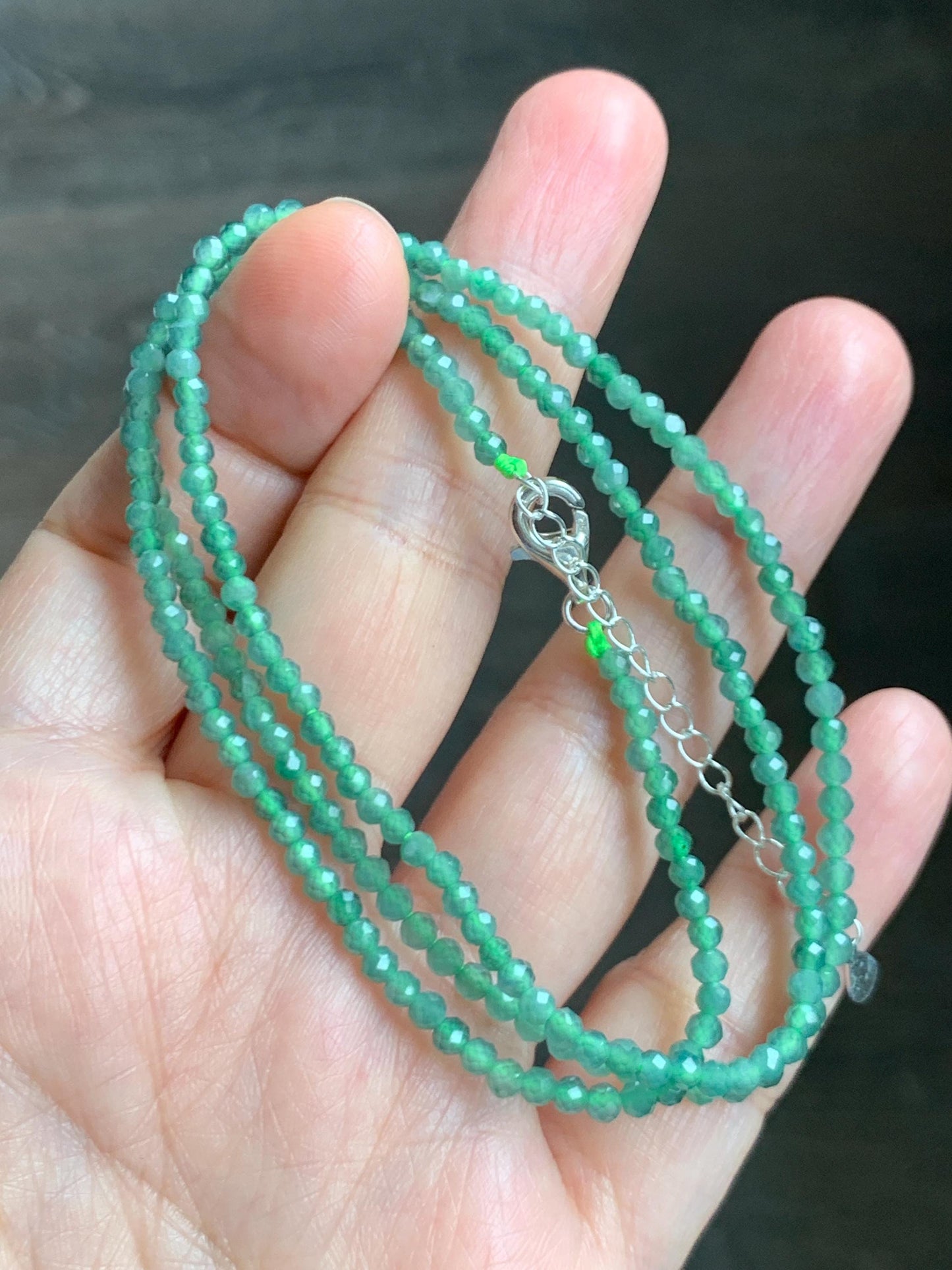 Natural Grade A Guatemalan Icy Translucent Light Teal Faceted Jadeite Beads Beaded Necklace Sterling Silver 2.8mm 22” 天然冰危淡蓝翡翠切割珠项链 XMQ330A
