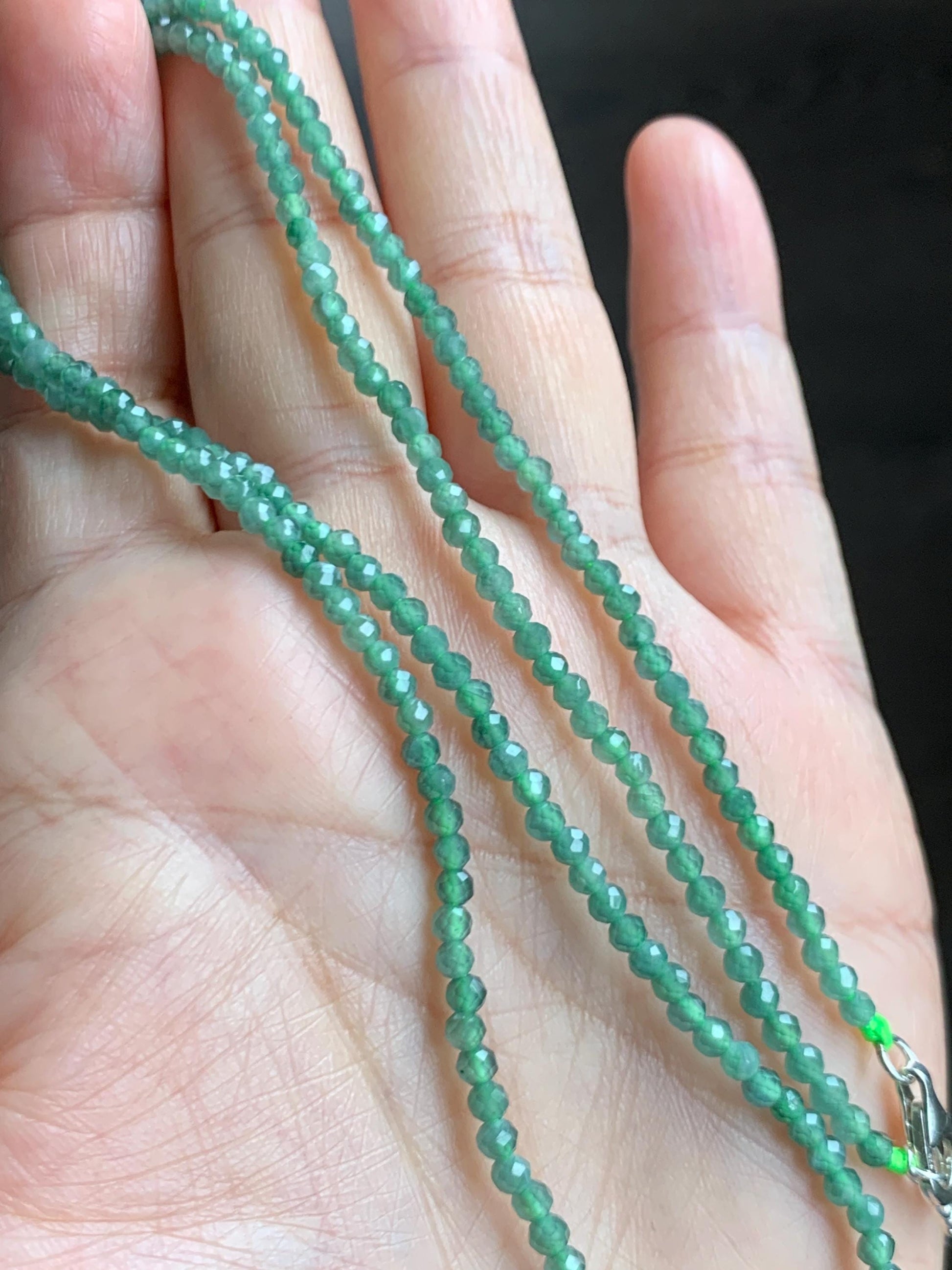 Natural Grade A Guatemalan Icy Translucent Light Teal Faceted Jadeite Beads Beaded Necklace Sterling Silver 2.8mm 22” 天然冰危淡蓝翡翠切割珠项链 XMQ330A