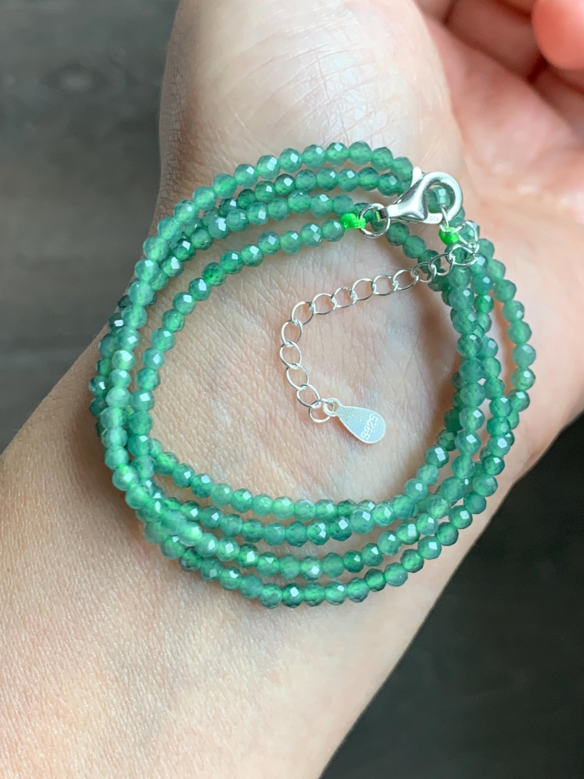 Natural Grade A Guatemalan Icy Translucent Light Teal Faceted Jadeite Beads Beaded Necklace Sterling Silver 2.8mm 22” 天然冰危淡蓝翡翠切割珠项链 XMQ330A