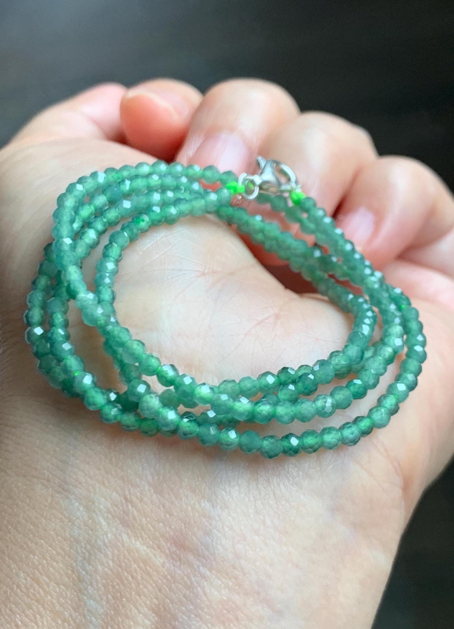 Natural Grade A Guatemalan Icy Translucent Light Teal Faceted Jadeite Beads Beaded Necklace Sterling Silver 2.8mm 22” 天然冰危淡蓝翡翠切割珠项链 XMQ330A