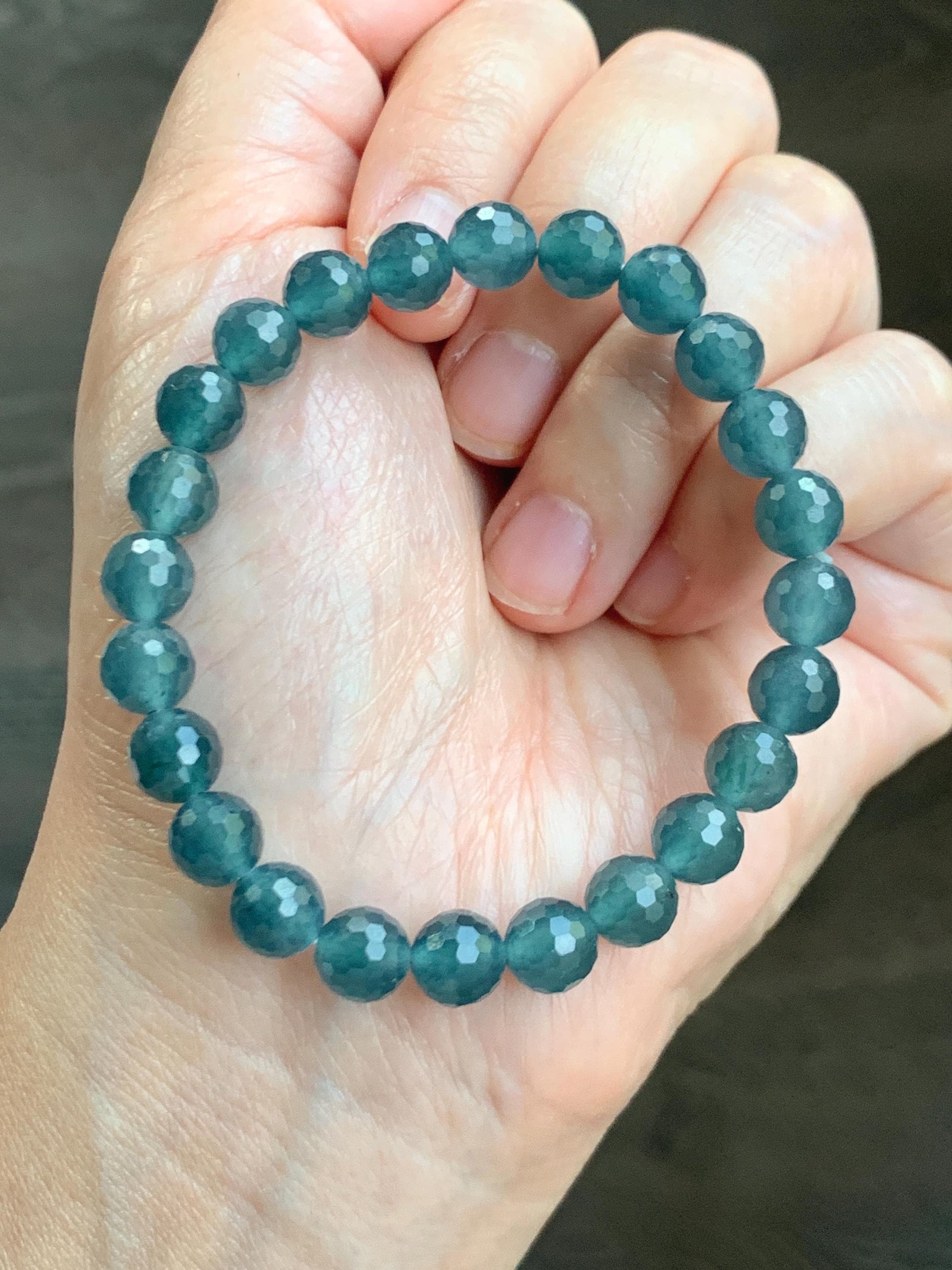 Certified Natural Grade A Guatemalan Icy Translucent Dark Teal Blue Faceted Jade Jadeite Beaded Bracelet 7.6mm 7” 17.4g 天然冰危蓝翡翠切割面圆珠手串 277