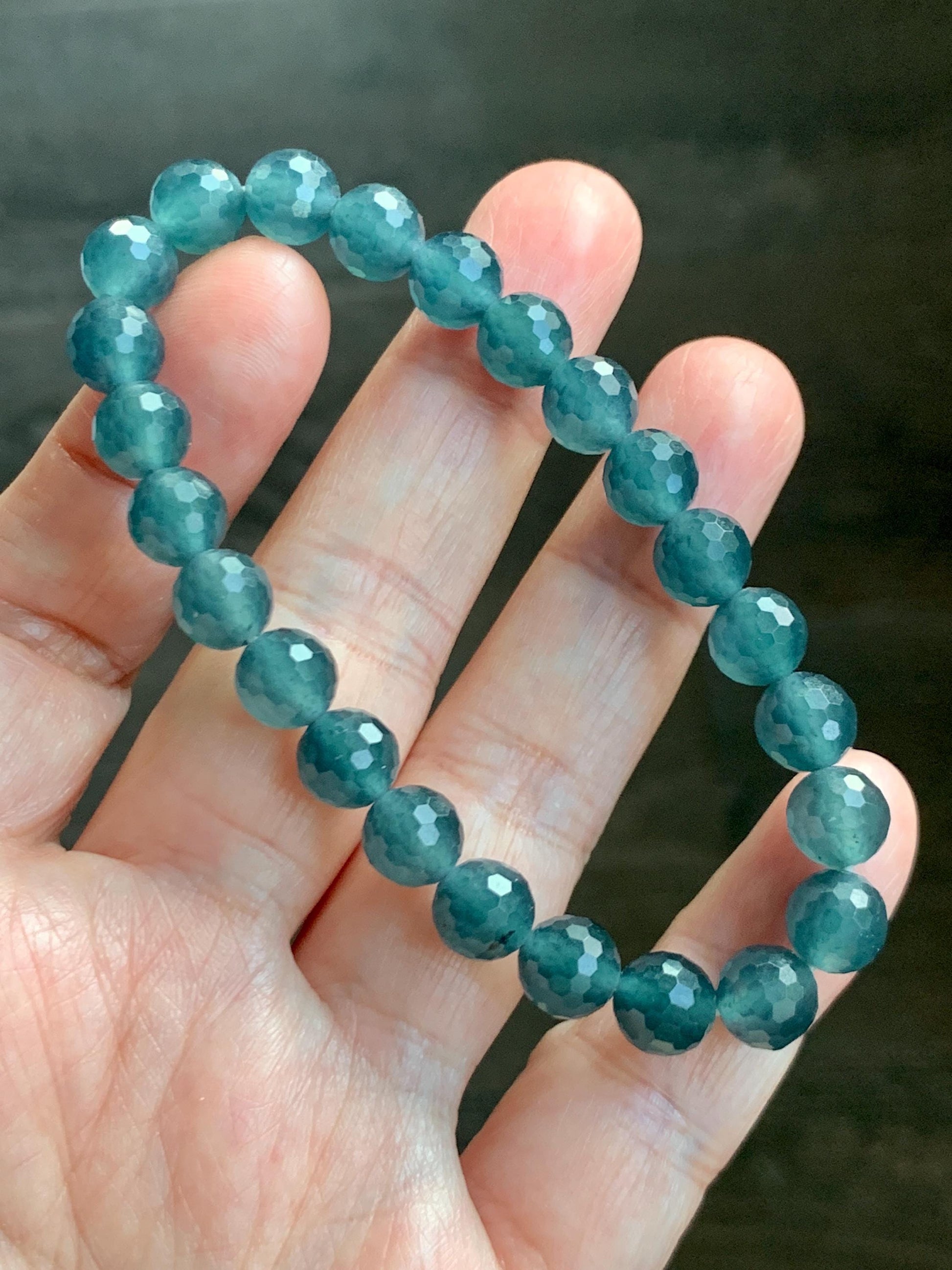 Certified Natural Grade A Guatemalan Icy Translucent Dark Teal Blue Faceted Jade Jadeite Beaded Bracelet 7.6mm 7” 17.4g 天然冰危蓝翡翠切割面圆珠手串 277