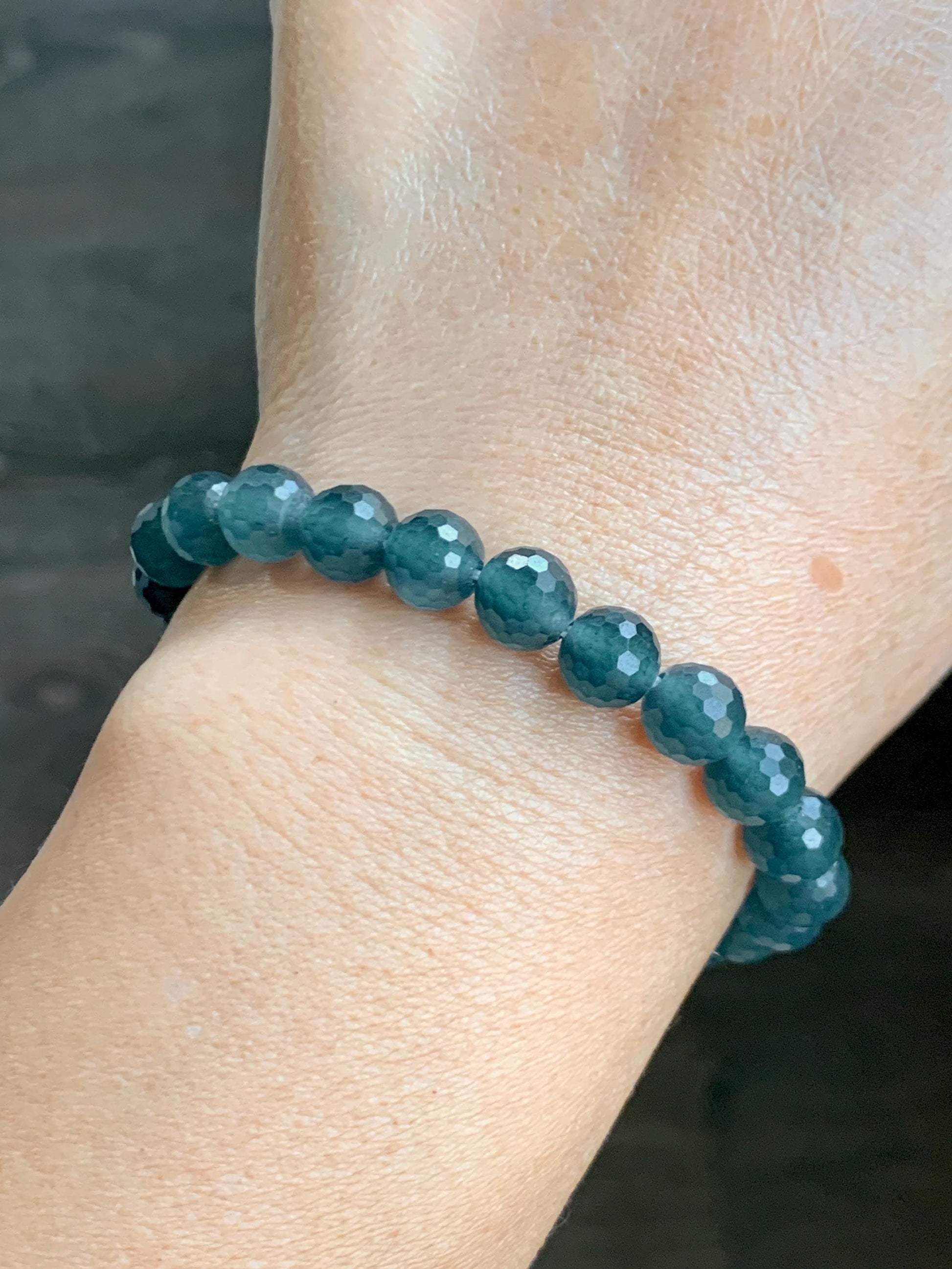 Certified Natural Grade A Guatemalan Icy Translucent Dark Teal Blue Faceted Jade Jadeite Beaded Bracelet 7.6mm 7” 17.4g 天然冰危蓝翡翠切割面圆珠手串 277