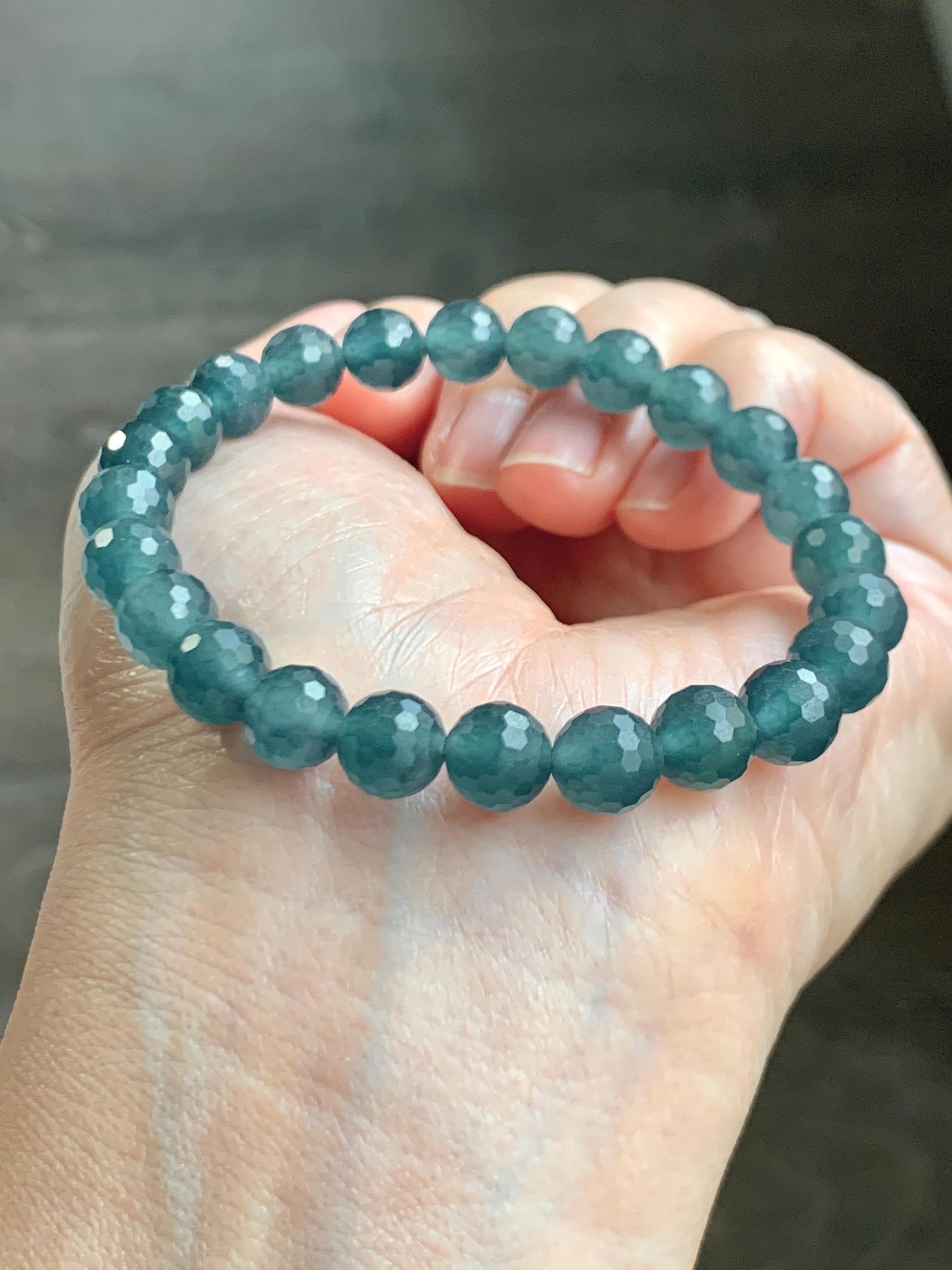 Certified Natural Grade A Guatemalan Icy Translucent Dark Teal Blue Faceted Jade Jadeite Beaded Bracelet 7.6mm 7” 17.4g 天然冰危蓝翡翠切割面圆珠手串 277