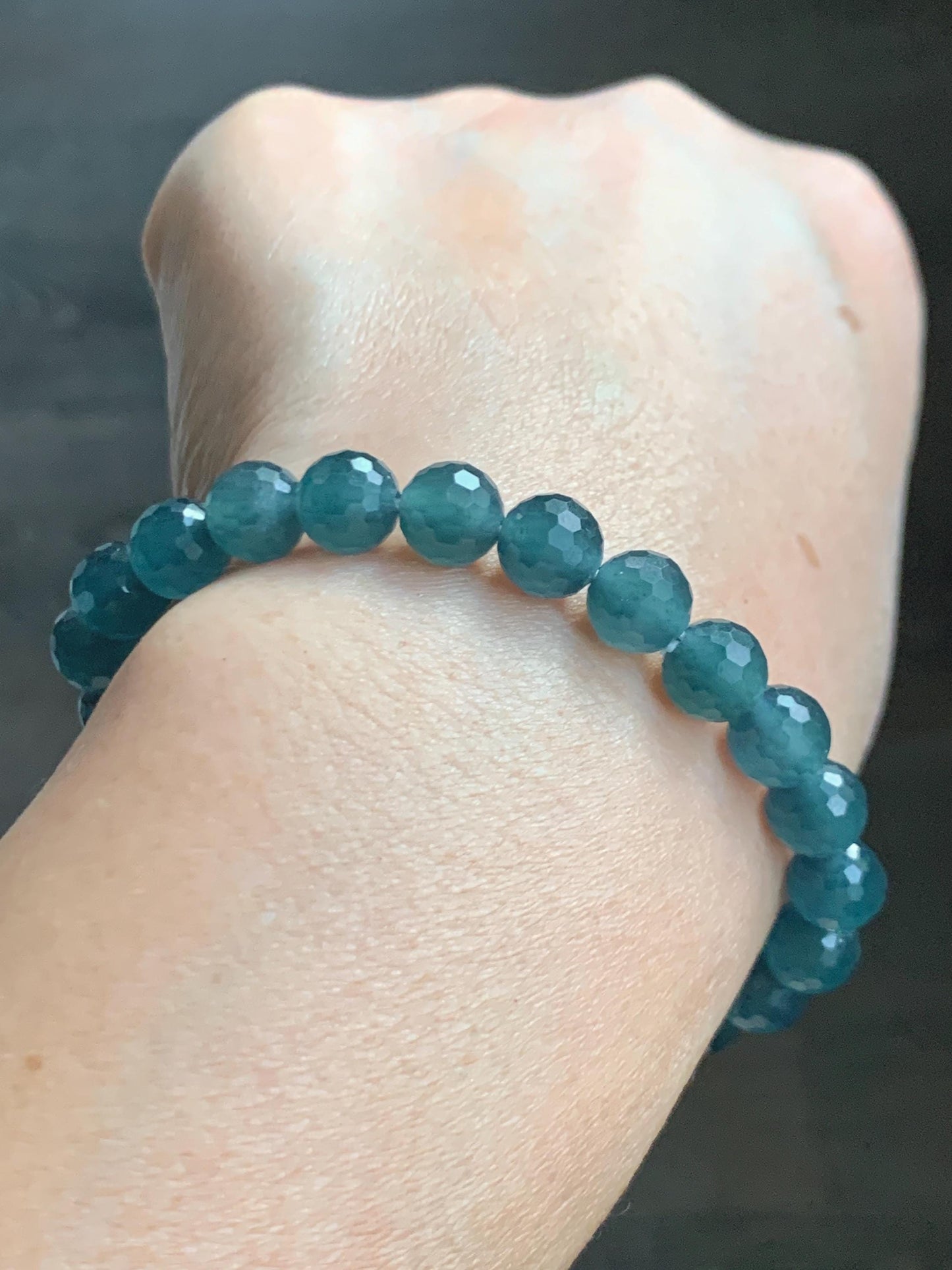 Certified Natural Grade A Guatemalan Icy Translucent Dark Teal Blue Faceted Jade Jadeite Beaded Bracelet 7.6mm 7” 17.4g 天然冰危蓝翡翠切割面圆珠手串 277