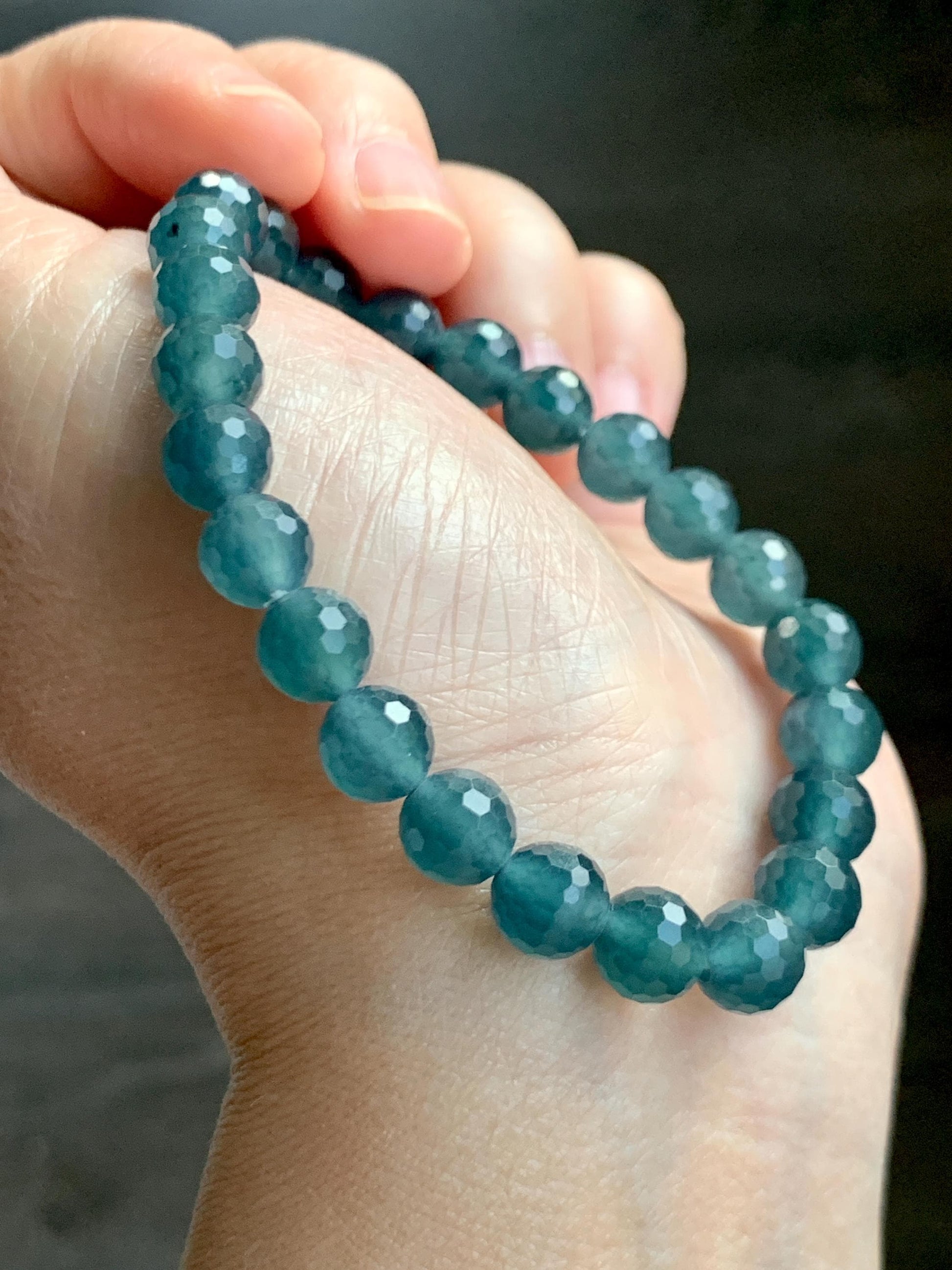 Certified Natural Grade A Guatemalan Icy Translucent Dark Teal Blue Faceted Jade Jadeite Beaded Bracelet 7.6mm 7” 17.4g 天然冰危蓝翡翠切割面圆珠手串 277