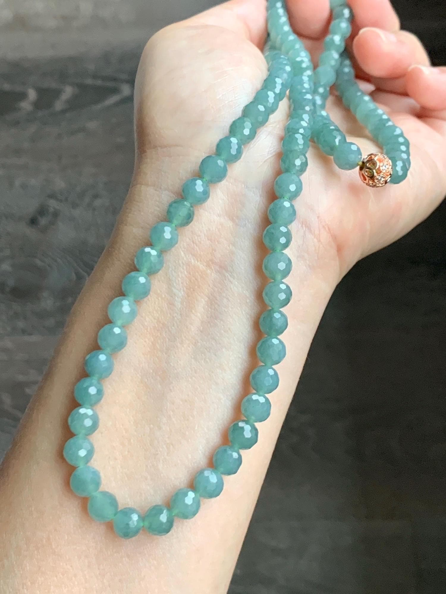 Natural Grade A Guatemalan Icy Translucent Dusty Teal Faceted Jade Jadeite Beads Beaded Necklace 6.6mm 27” 52g 天然冰危蓝翡翠切割珠项链 QGN440