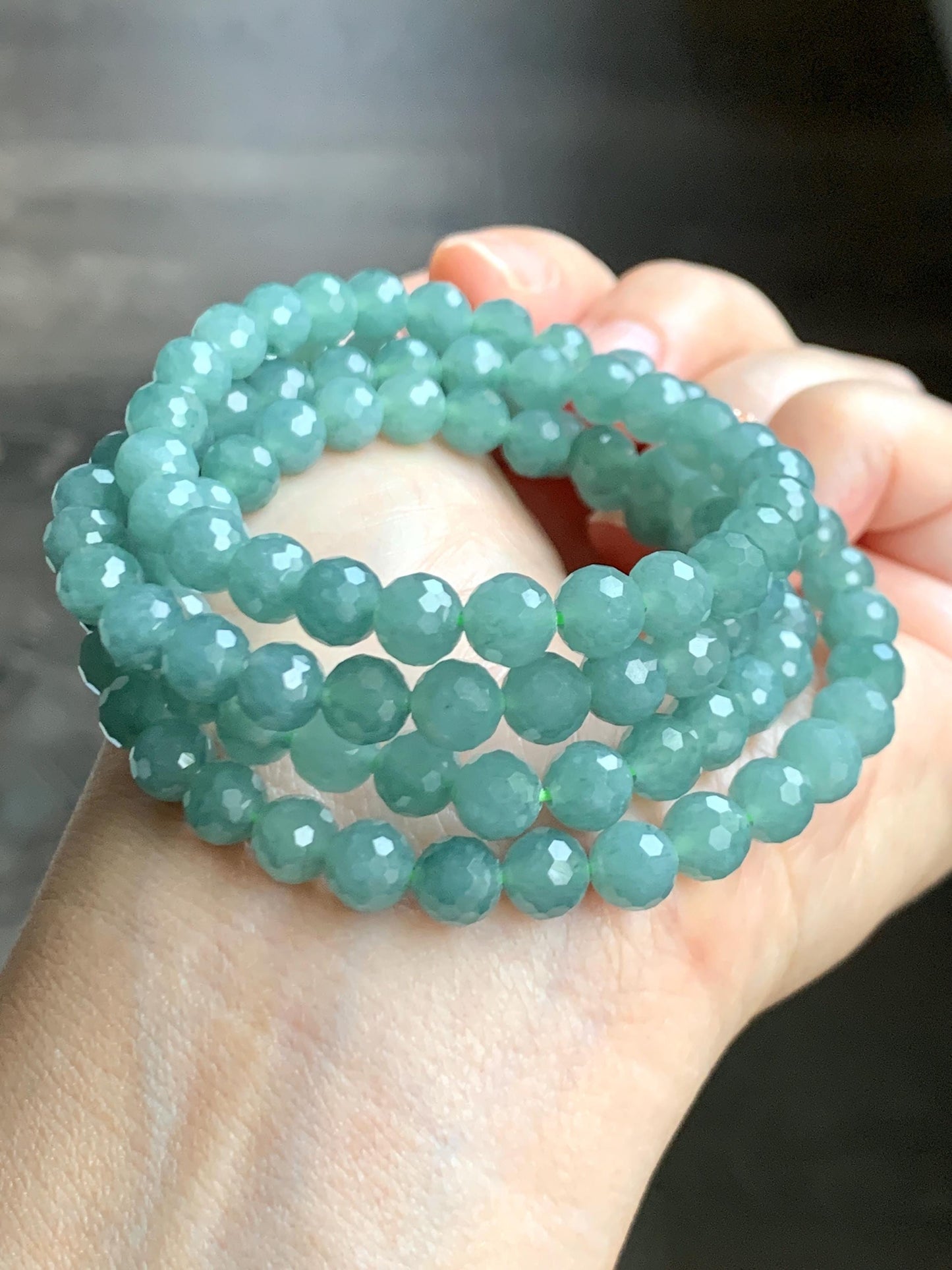 Natural Grade A Guatemalan Icy Translucent Dusty Teal Faceted Jade Jadeite Beads Beaded Necklace 6.6mm 27” 52g 天然冰危蓝翡翠切割珠项链 QGN440