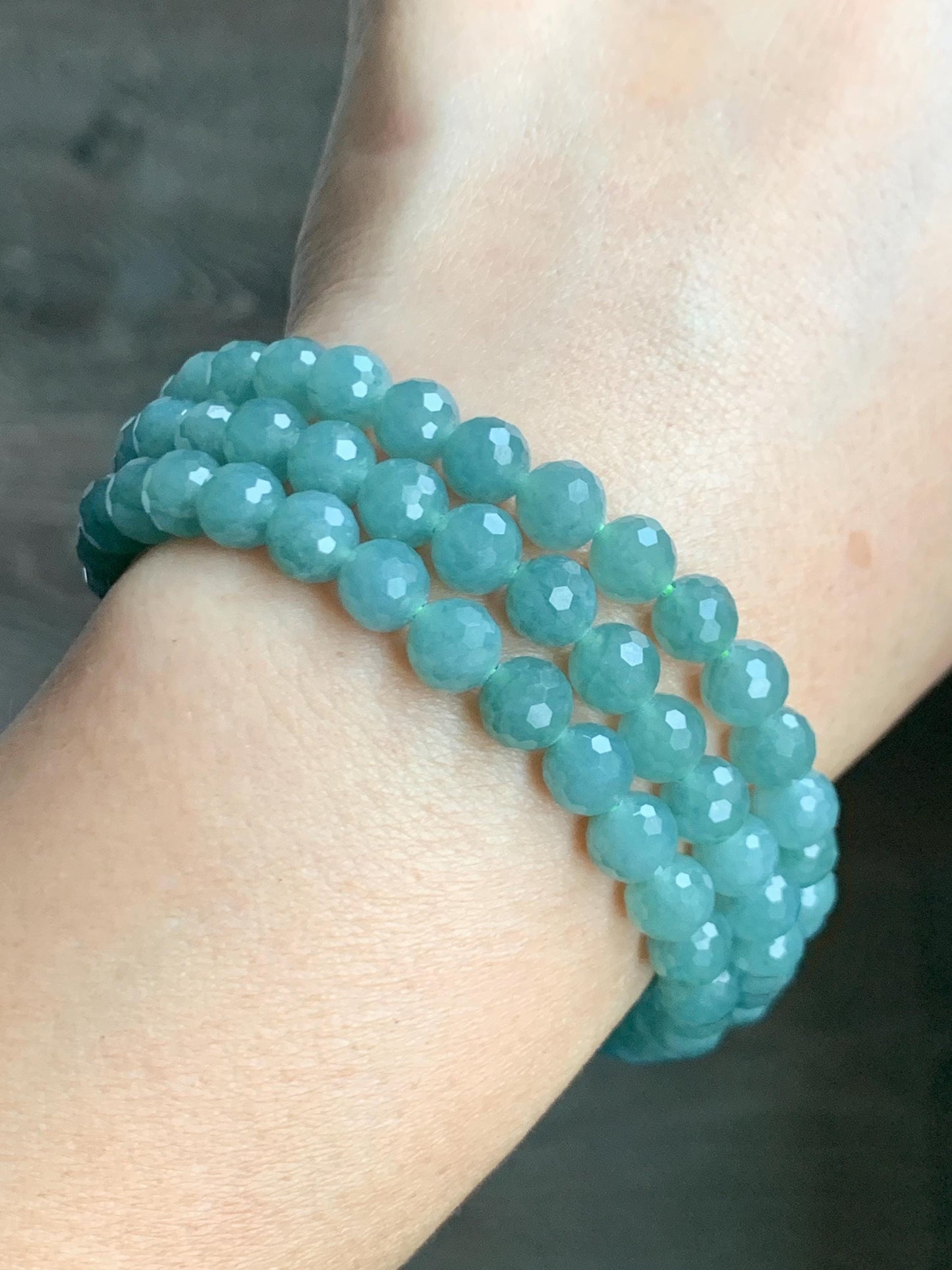 Natural Grade A Guatemalan Icy Translucent Dusty Teal Faceted Jade Jadeite Beads Beaded Necklace 6.6mm 27” 52g 天然冰危蓝翡翠切割珠项链 QGN440