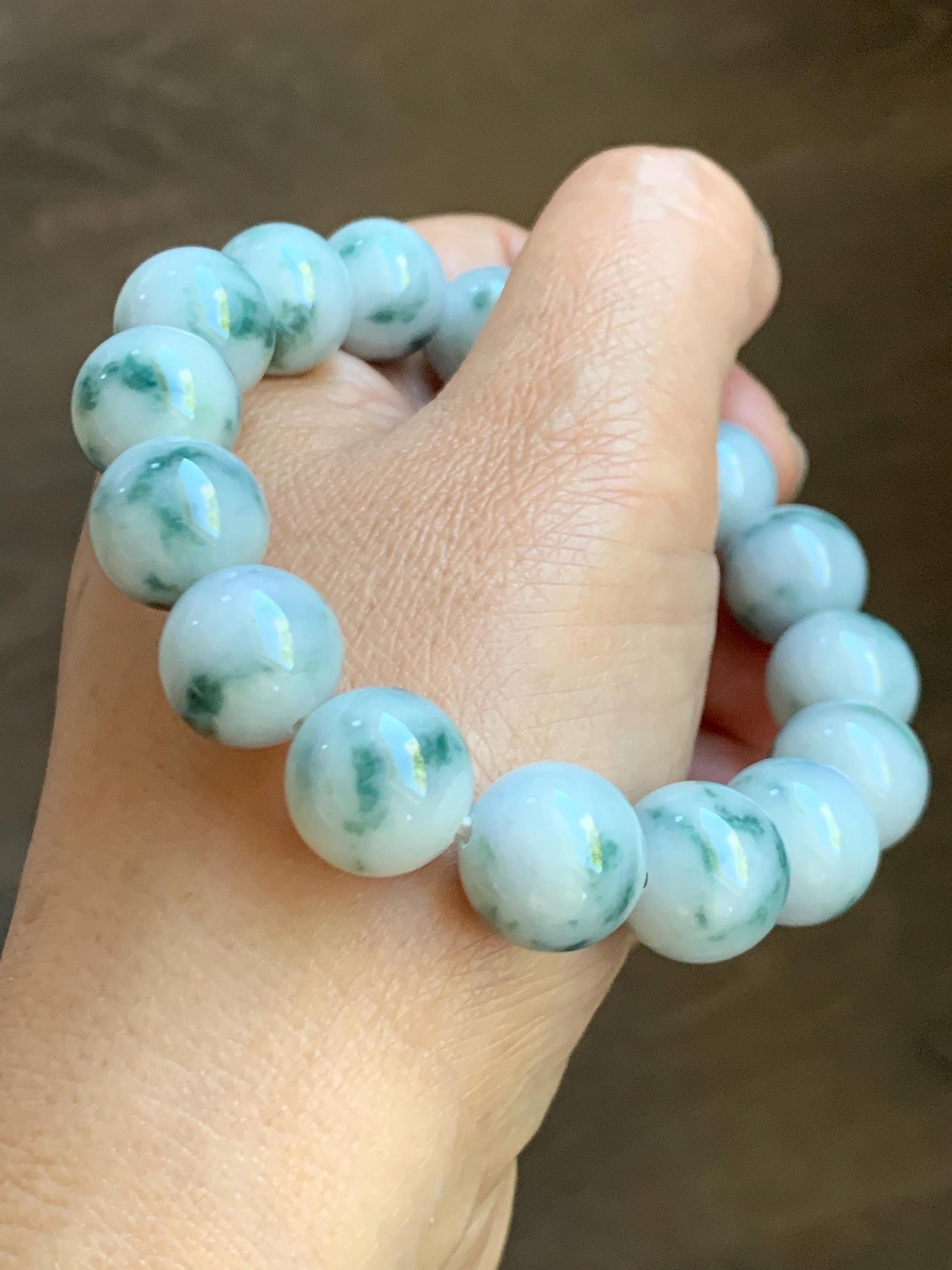 Natural Grade A Icy White Green Marbled Jade Jadeite Large Beads Beaded Bracelet Stretchy 13.2mm 7.75” 64g 天然A货白底飘花翡翠大卡手串 MBQ550A