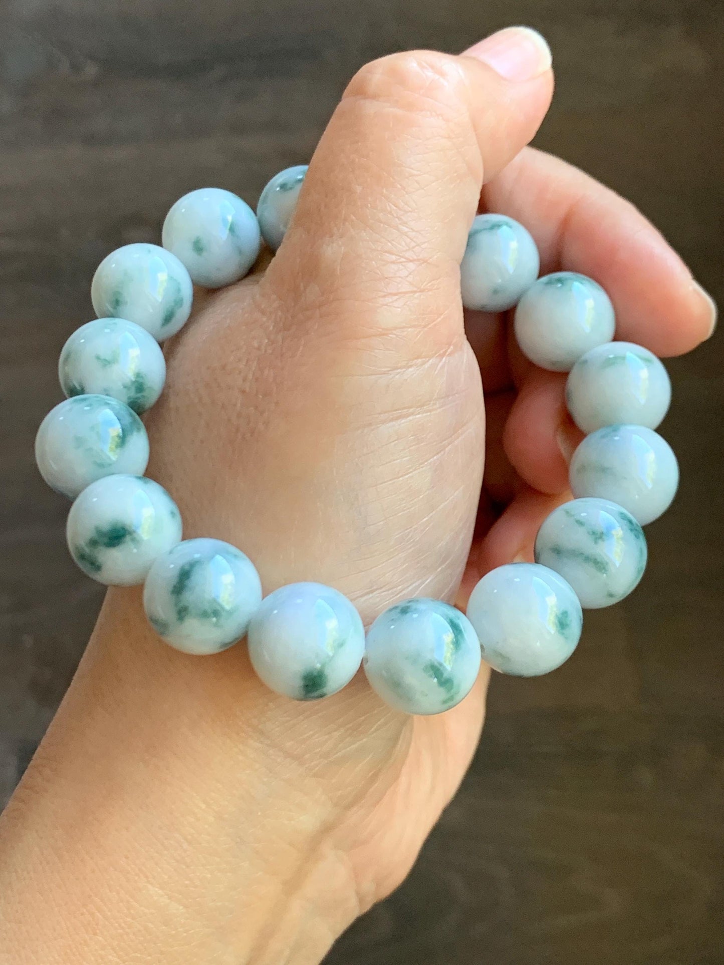 Natural Grade A Icy White Green Marbled Jade Jadeite Large Beads Beaded Bracelet Stretchy 13.2mm 7.75” 64g 天然A货白底飘花翡翠大卡手串 MBQ550A