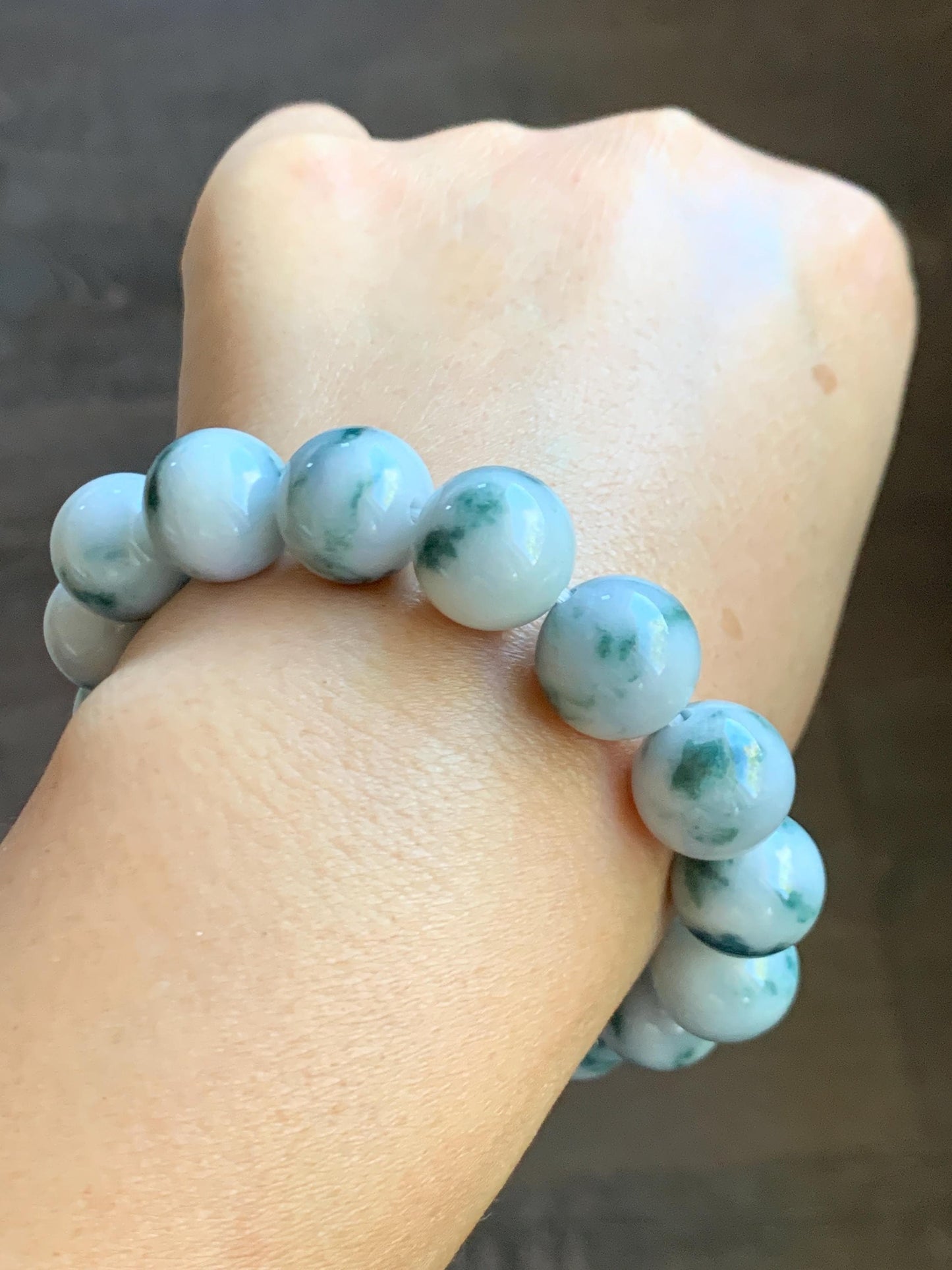 Natural Grade A Icy White Green Marbled Jade Jadeite Large Beads Beaded Bracelet Stretchy 13.2mm 7.75” 64g 天然A货白底飘花翡翠大卡手串 MBQ550A