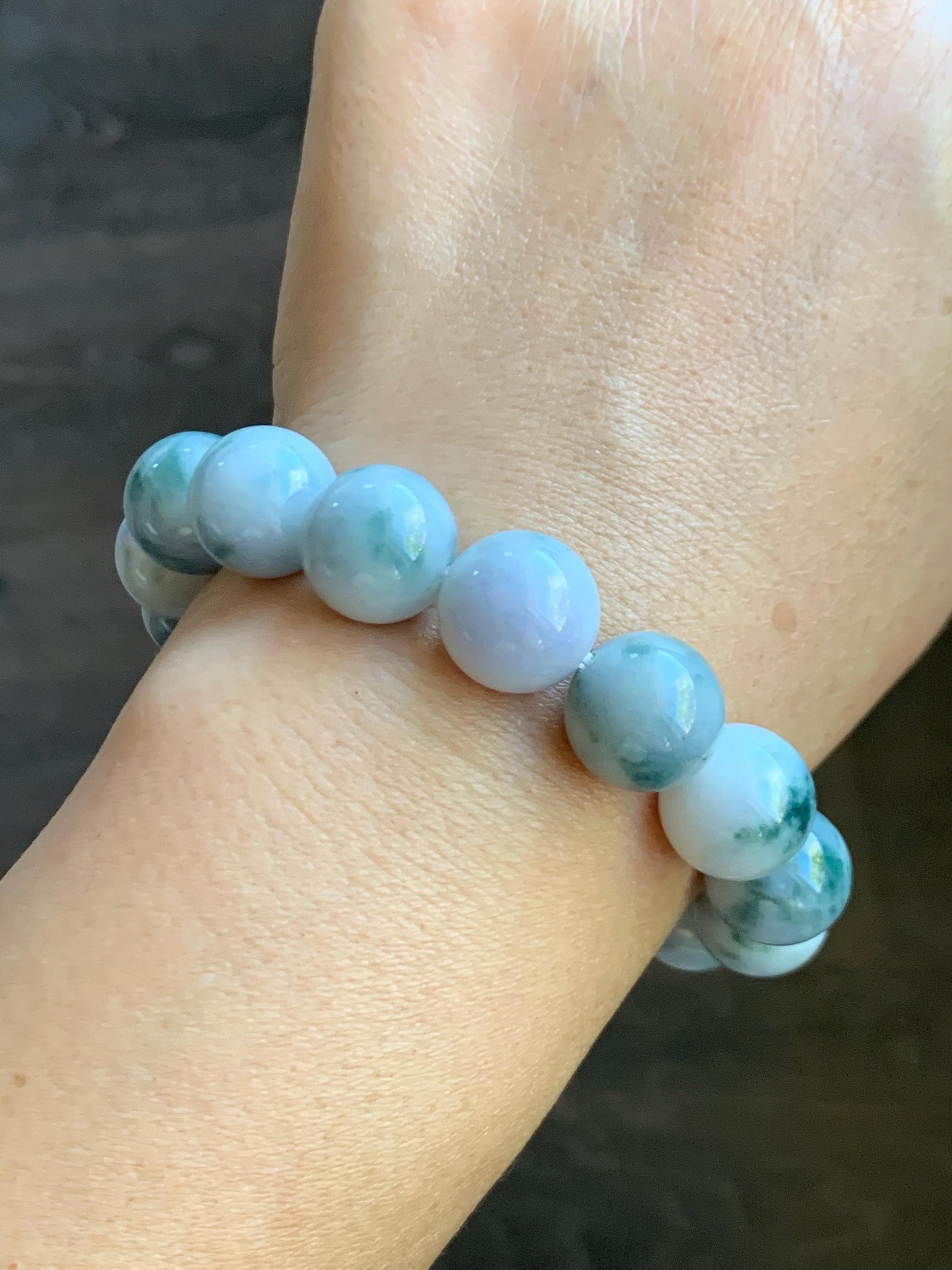 Natural Grade A Icy White Green & Purple Marbled Jade Jadeite Large Beads Beaded Bracelet Stretchy 13.2mm 7.75” 62g 天然A货白底飘紫飘花翡翠大卡手串 MBQ550B