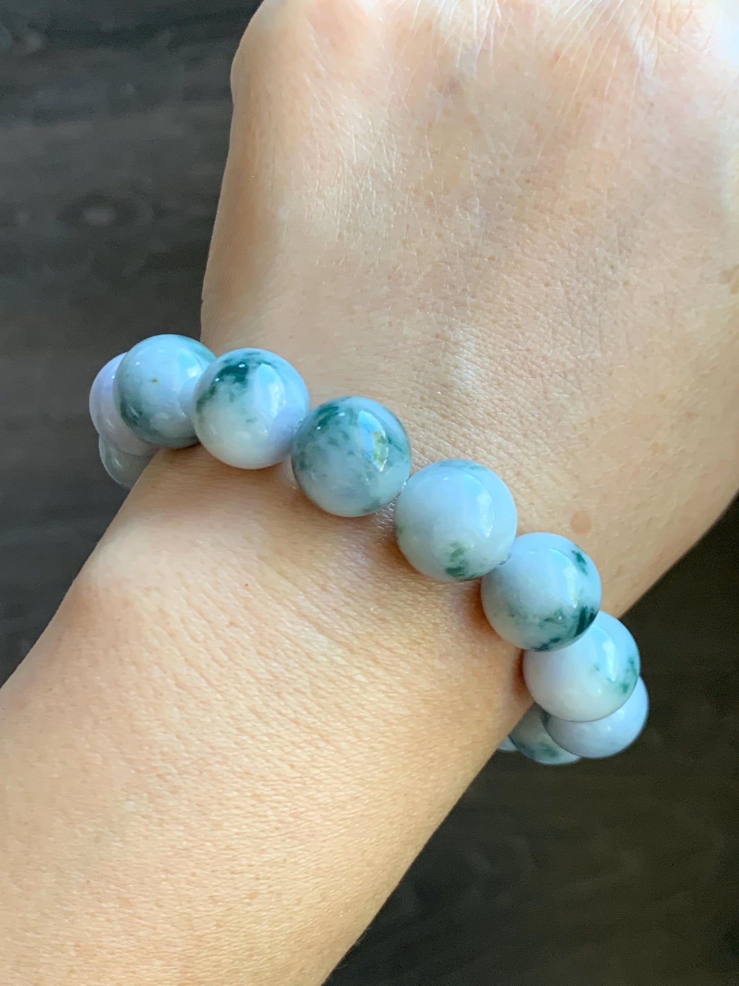 Natural Grade A Icy White Green & Purple Marbled Jade Jadeite Large Beads Beaded Bracelet Stretchy 13.2mm 7.75” 62g 天然A货白底飘紫飘花翡翠大卡手串 MBQ550B