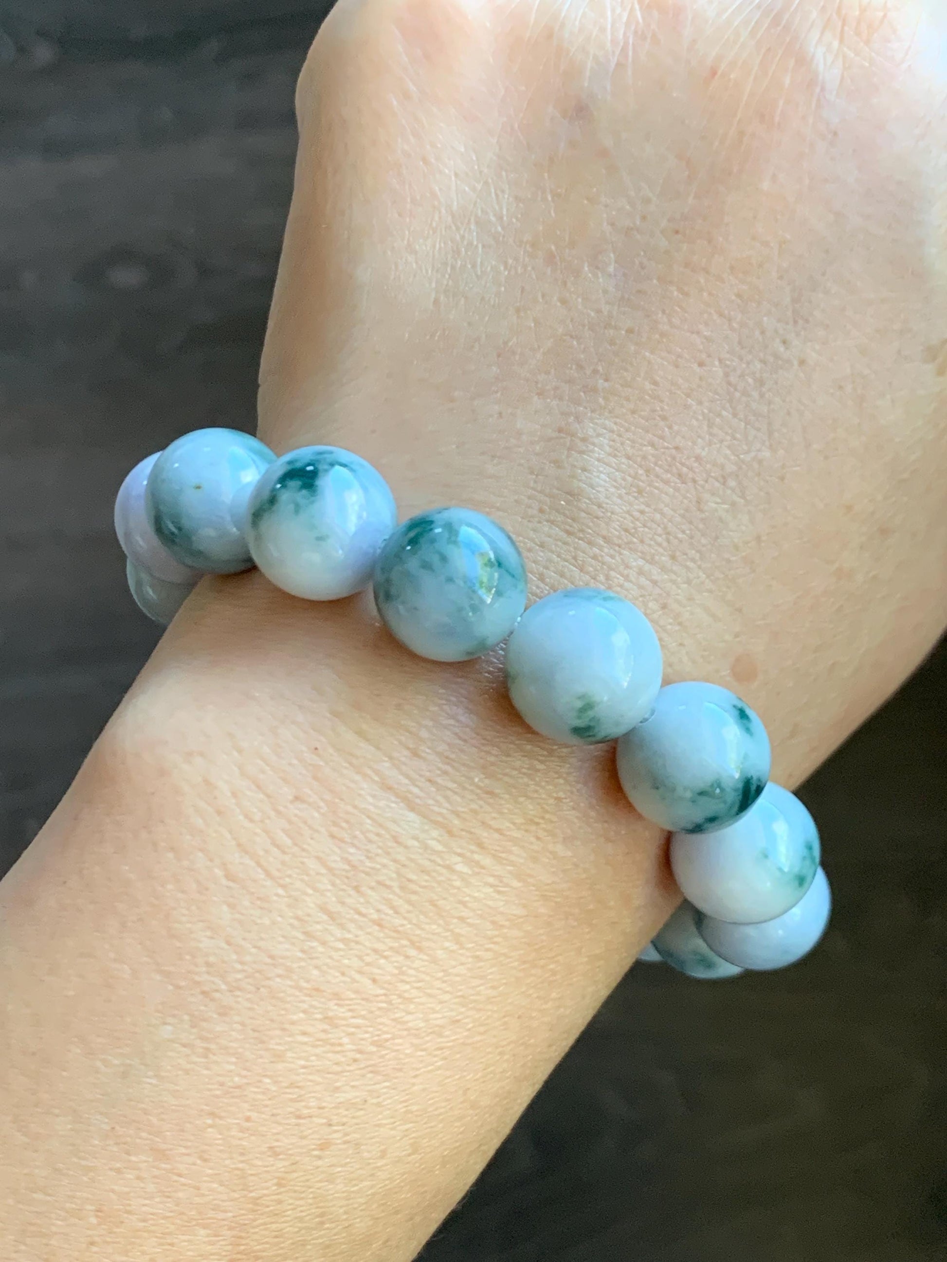 Natural Grade A Icy White Green & Purple Marbled Jade Jadeite Large Beads Beaded Bracelet Stretchy 13.2mm 7.75” 62g 天然A货白底飘紫飘花翡翠大卡手串 MBQ550B