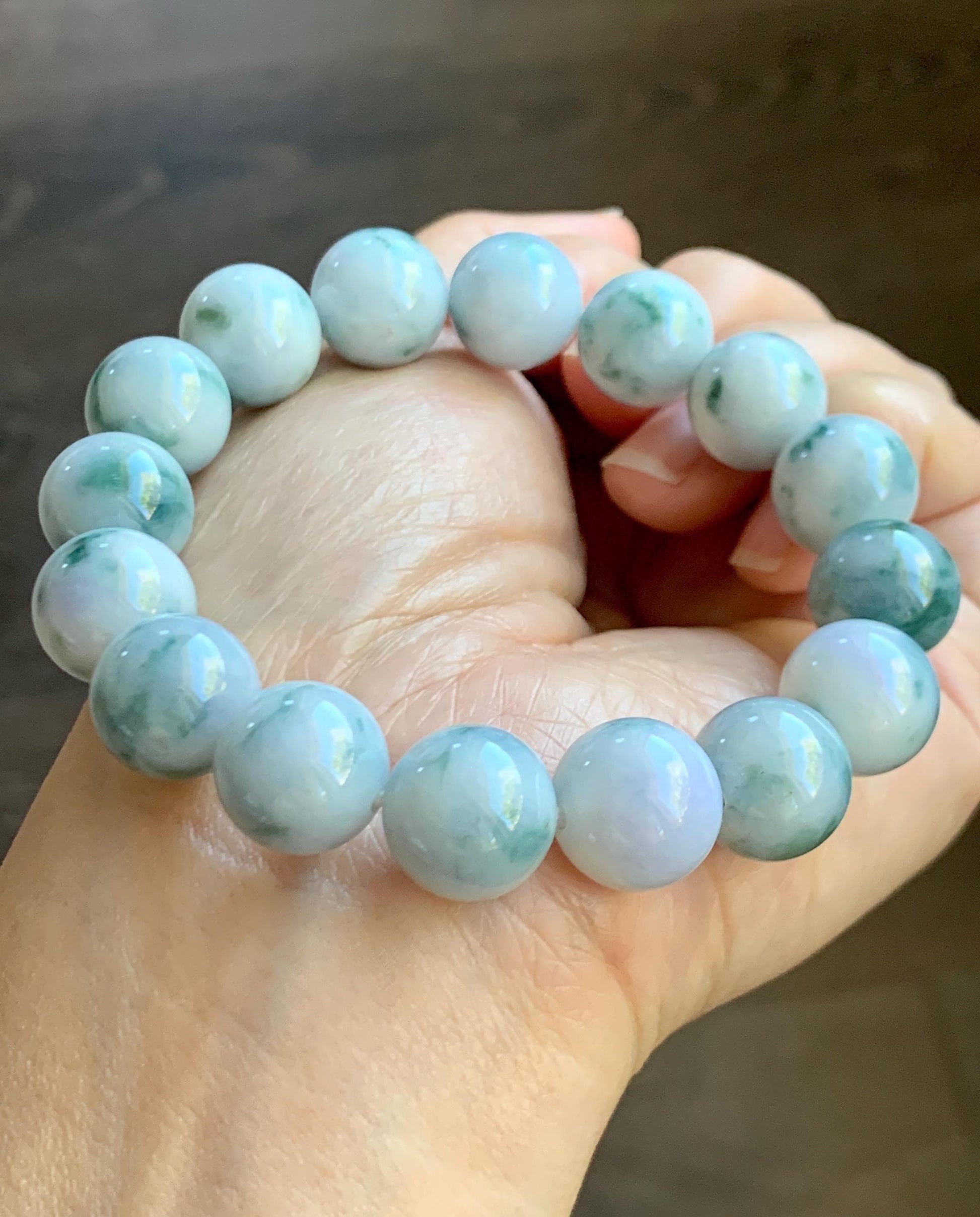 Natural Grade A Icy White Green & Purple Marbled Jade Jadeite Large Beads Beaded Bracelet Stretchy 13.2mm 7.75” 62g 天然A货白底飘紫飘花翡翠大卡手串 MBQ550B
