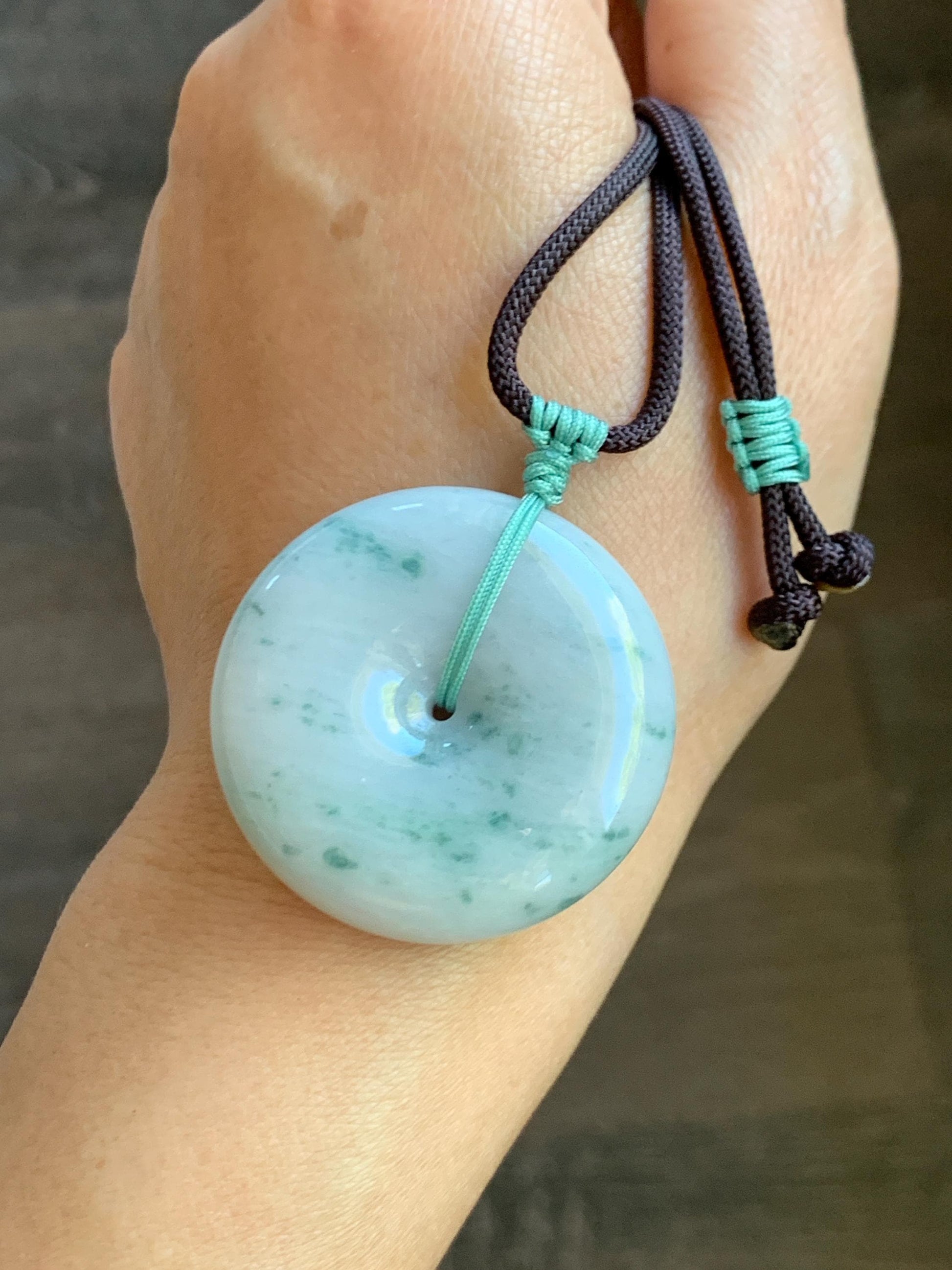 Grade A Natural Icy Translucent White Green Marbled Jade Jadeite Large Ping An Kou Donut Pendant Rope Necklace 31” 天然细糯白底飘花翡翠大平安扣吊坠 DMP313