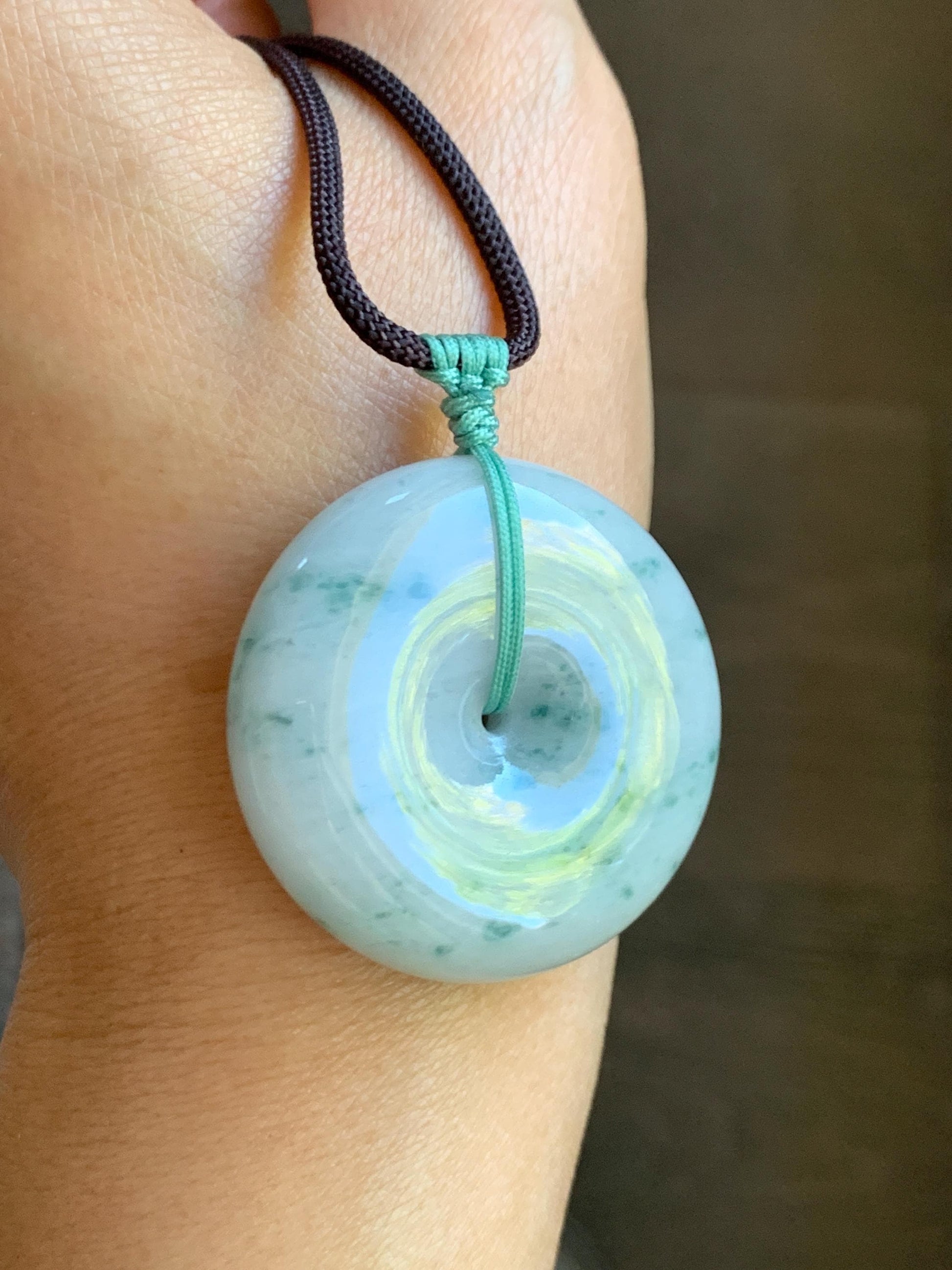 Grade A Natural Icy Translucent White Green Marbled Jade Jadeite Large Ping An Kou Donut Pendant Rope Necklace 31” 天然细糯白底飘花翡翠大平安扣吊坠 DMP313