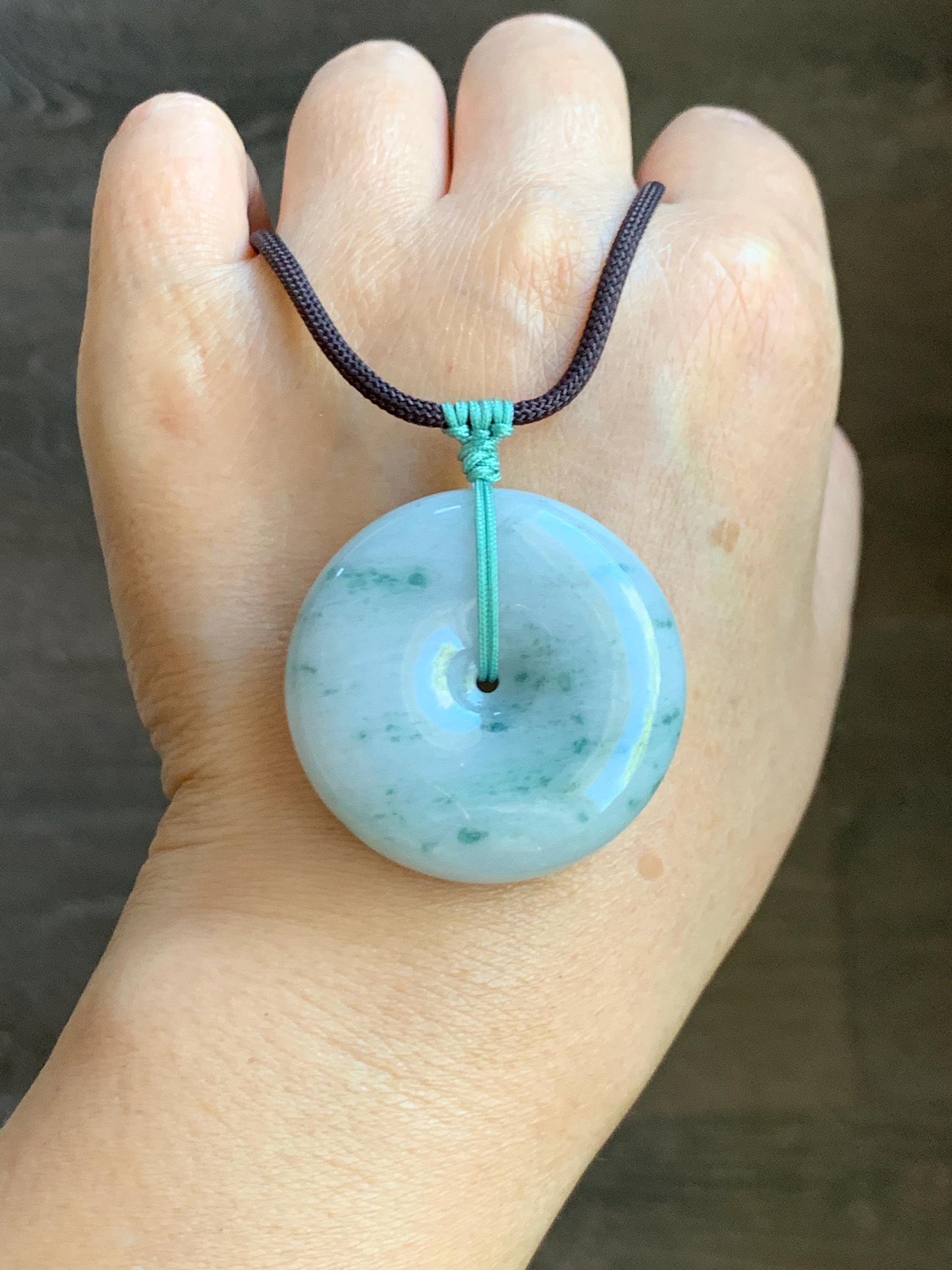 Grade A Natural Icy Translucent White Green Marbled Jade Jadeite Large Ping An Kou Donut Pendant Rope Necklace 31” 天然细糯白底飘花翡翠大平安扣吊坠 DMP313