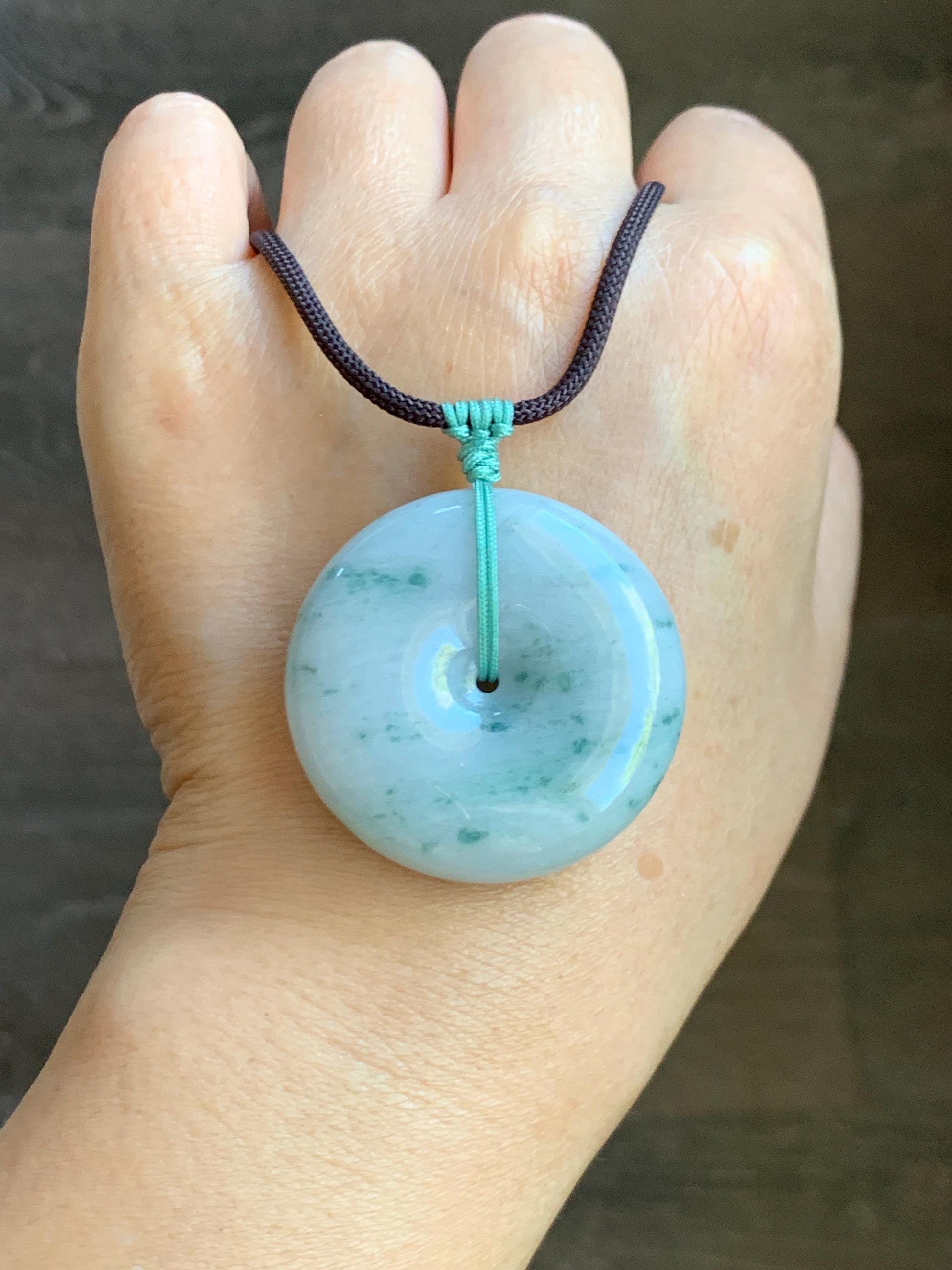 Grade A Natural Icy Translucent White Green Marbled Jade Jadeite Large Ping An Kou Donut Pendant Rope Necklace 31” 天然细糯白底飘花翡翠大平安扣吊坠 DMP313