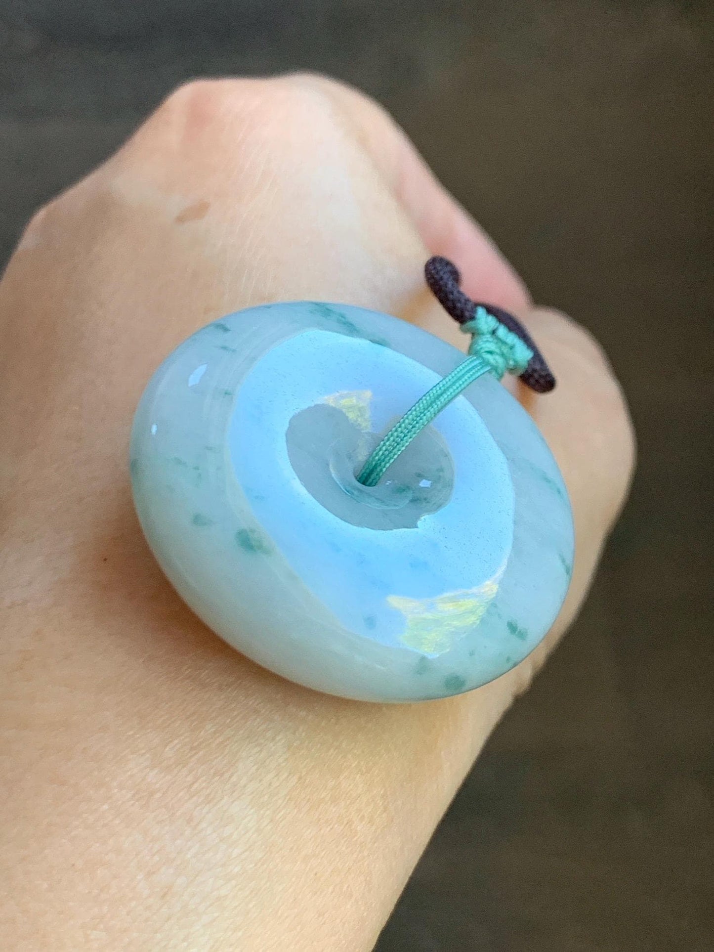 Grade A Natural Icy Translucent White Green Marbled Jade Jadeite Large Ping An Kou Donut Pendant Rope Necklace 31” 天然细糯白底飘花翡翠大平安扣吊坠 DMP313