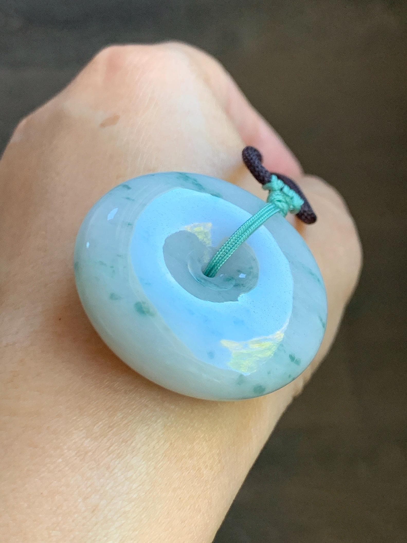 Grade A Natural Icy Translucent White Green Marbled Jade Jadeite Large Ping An Kou Donut Pendant Rope Necklace 31” 天然细糯白底飘花翡翠大平安扣吊坠 DMP313