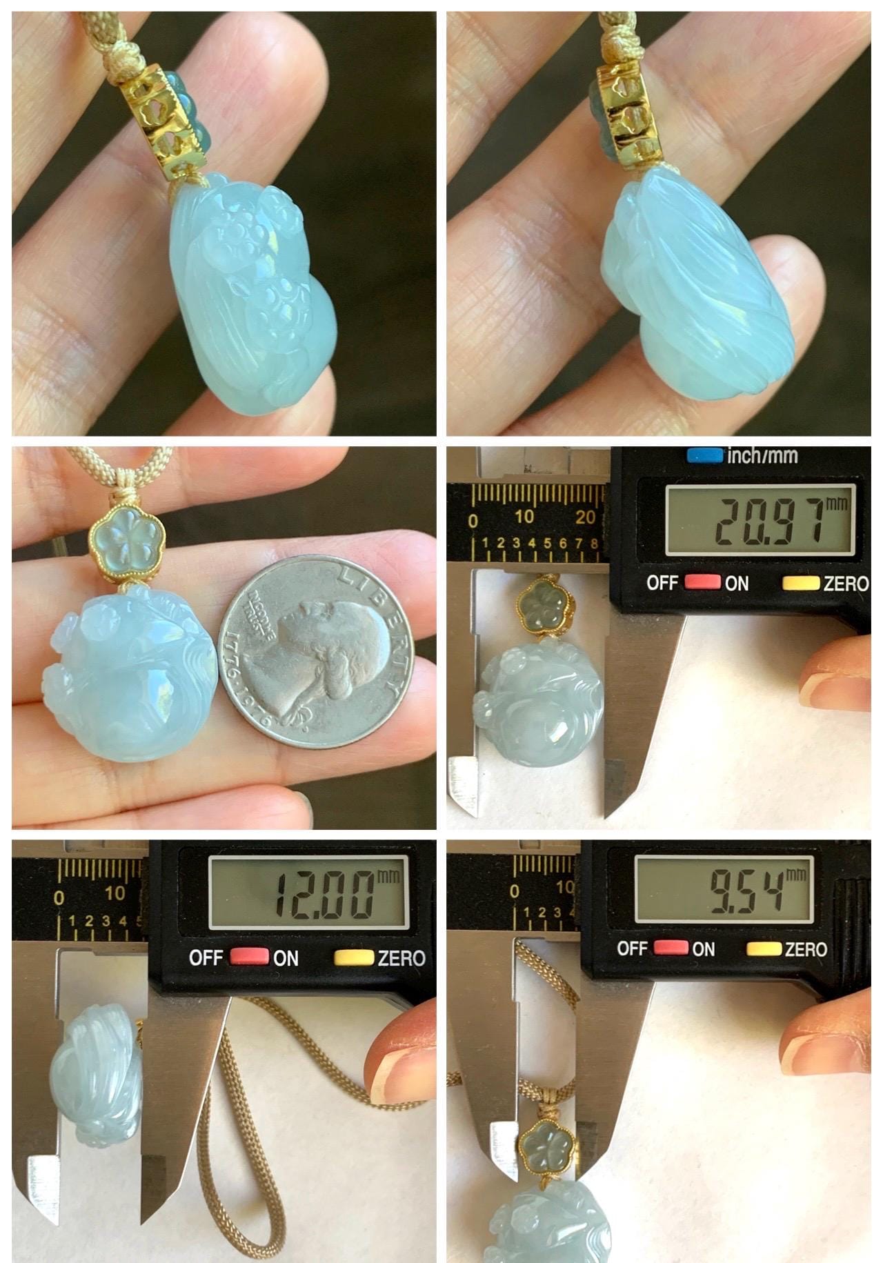 Natural Grade A Icy Translucent Gelatinous Pastel Blue Jade Jadeite Carved Nine-Tailed Fox Pendant Rope Necklace 26” 天然老种冰胶淡蓝翡翠九尾狐梅花吊坠BJLH15
