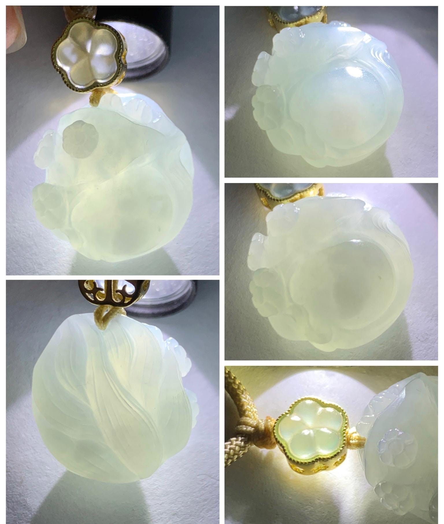 Natural Grade A Icy Translucent Gelatinous Pastel Blue Jade Jadeite Carved Nine-Tailed Fox Pendant Rope Necklace 26” 天然老种冰胶淡蓝翡翠九尾狐梅花吊坠BJLH15