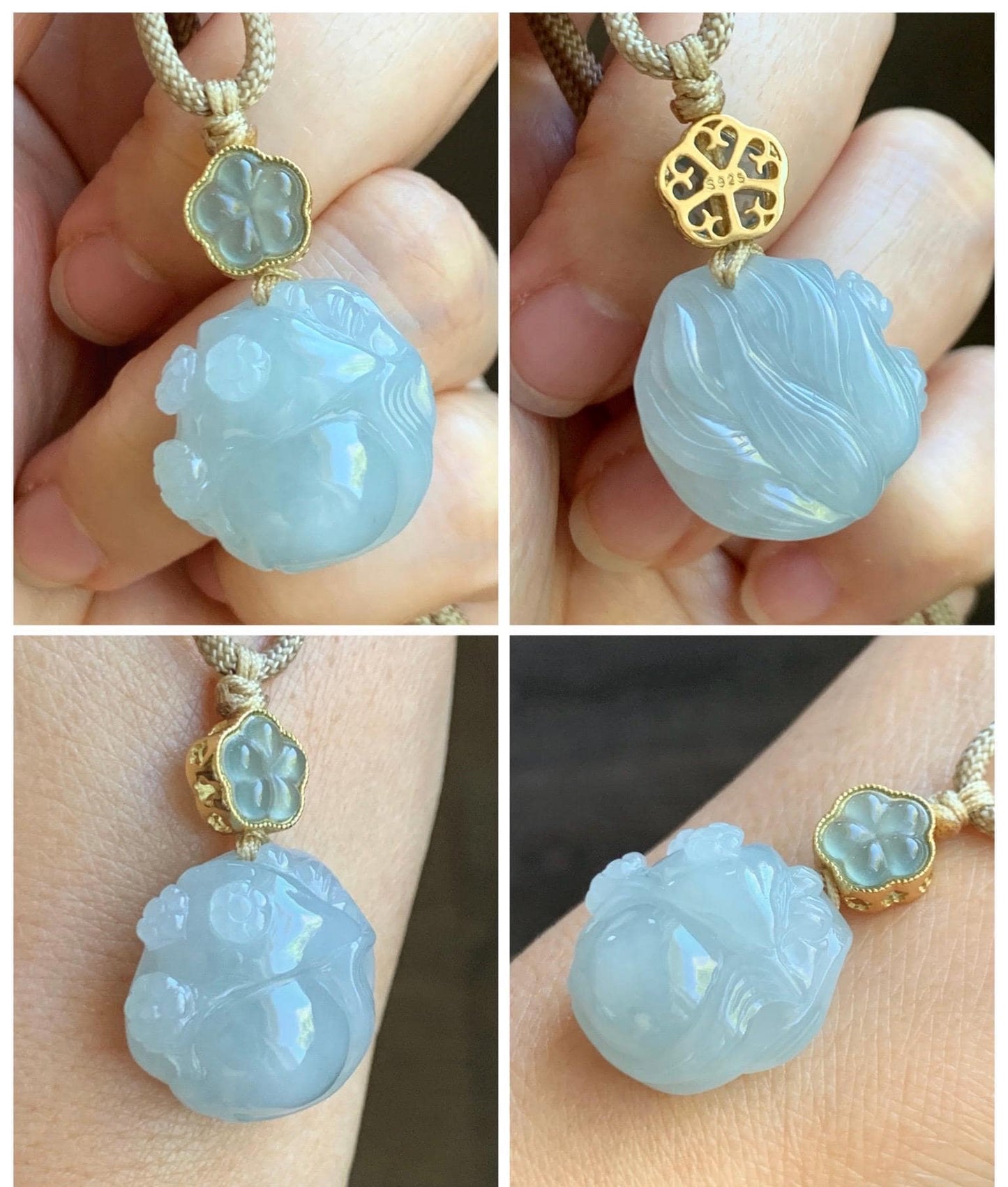 Natural Grade A Icy Translucent Gelatinous Pastel Blue Jade Jadeite Carved Nine-Tailed Fox Pendant Rope Necklace 26” 天然老种冰胶淡蓝翡翠九尾狐梅花吊坠BJLH15