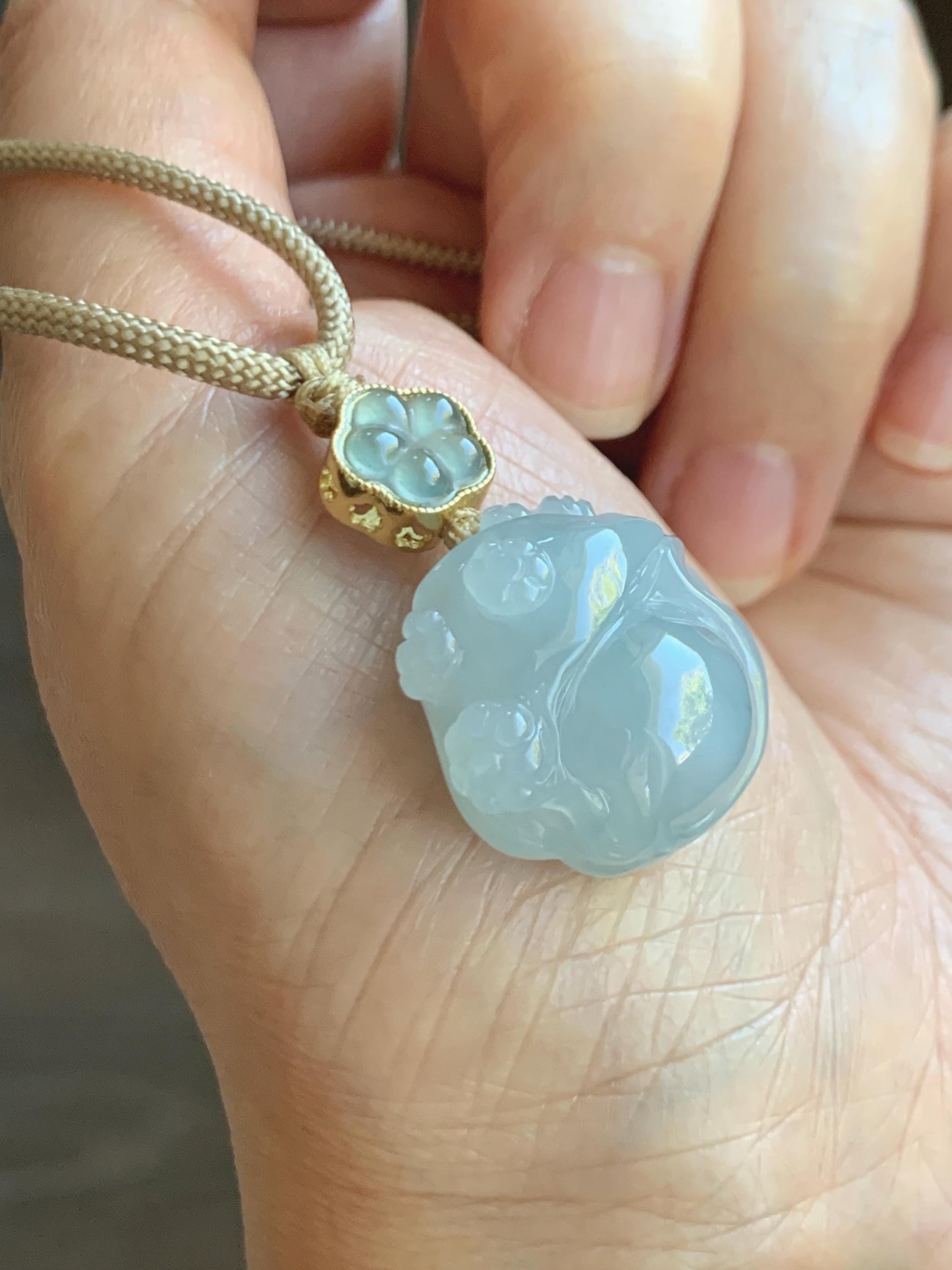 Natural Grade A Icy Translucent Gelatinous Pastel Blue Jade Jadeite Carved Nine-Tailed Fox Pendant Rope Necklace 26” 天然老种冰胶淡蓝翡翠九尾狐梅花吊坠BJLH15
